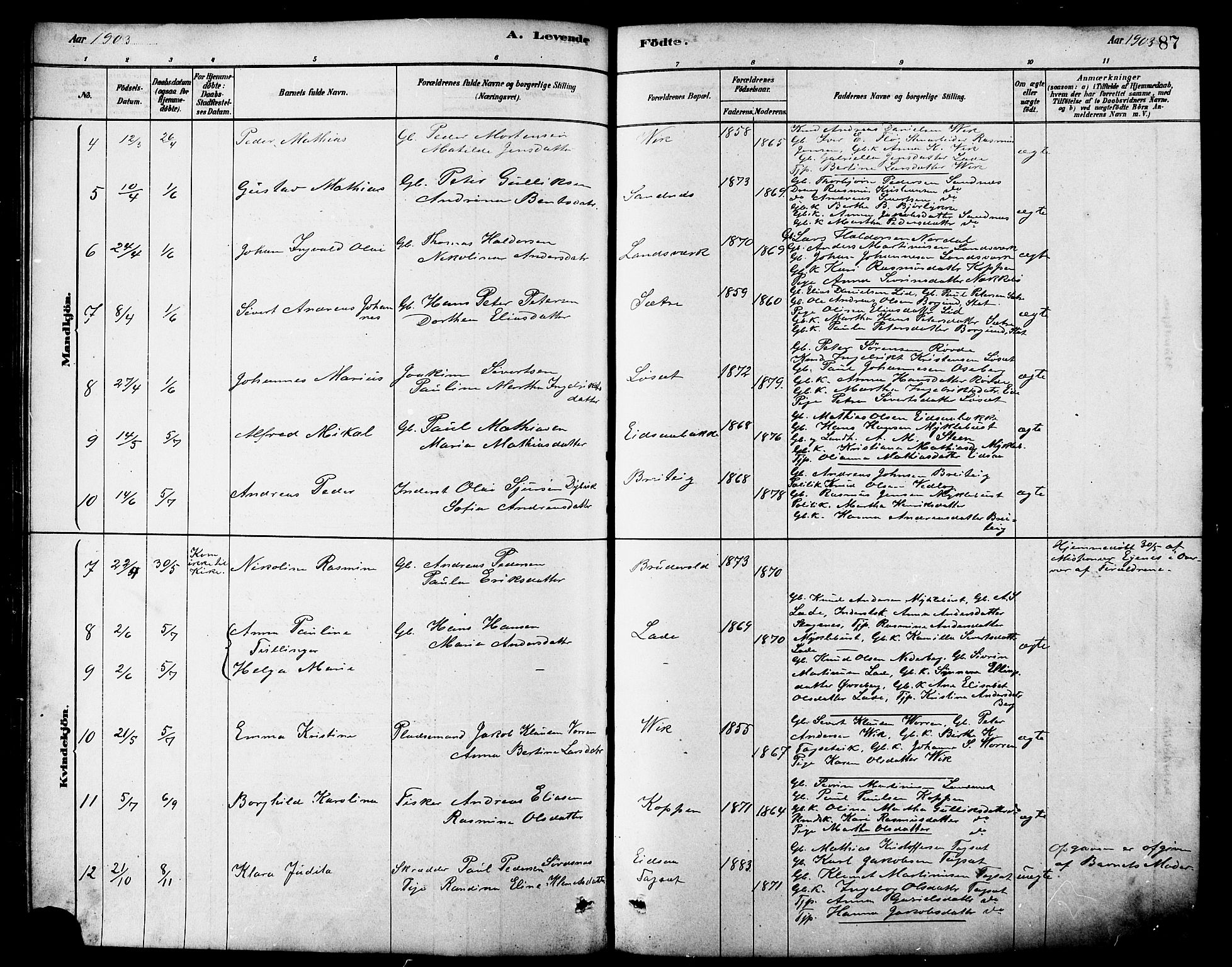 Ministerialprotokoller, klokkerbøker og fødselsregistre - Møre og Romsdal, AV/SAT-A-1454/502/L0027: Parish register (copy) no. 502C01, 1878-1908, p. 87