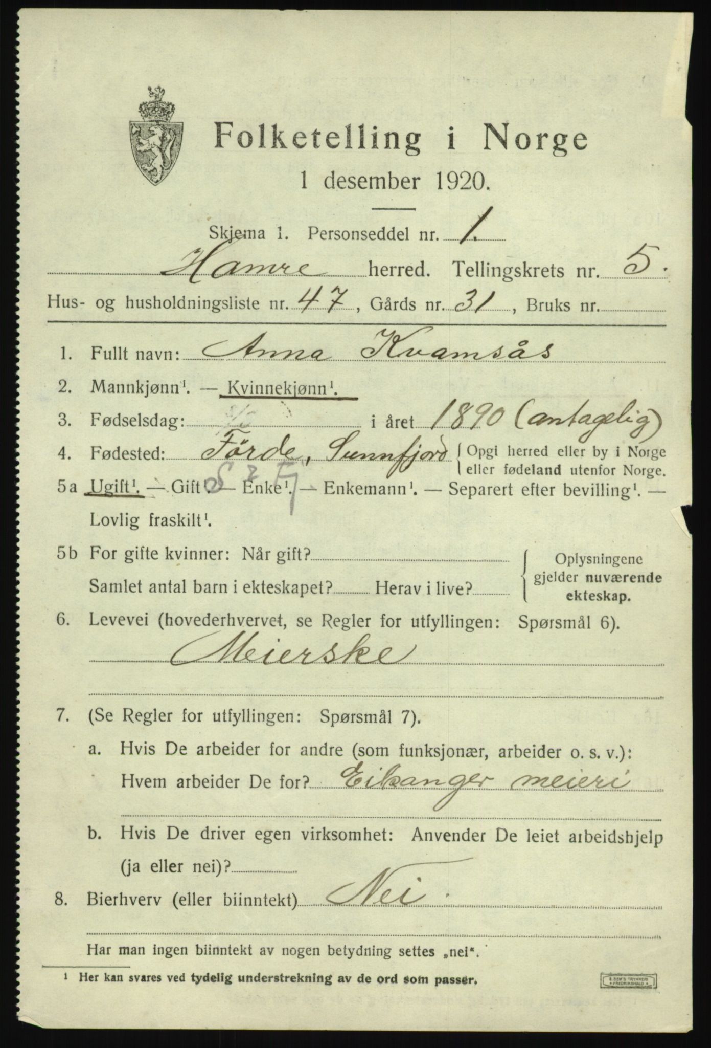 SAB, 1920 census for Hamre, 1920, p. 3437
