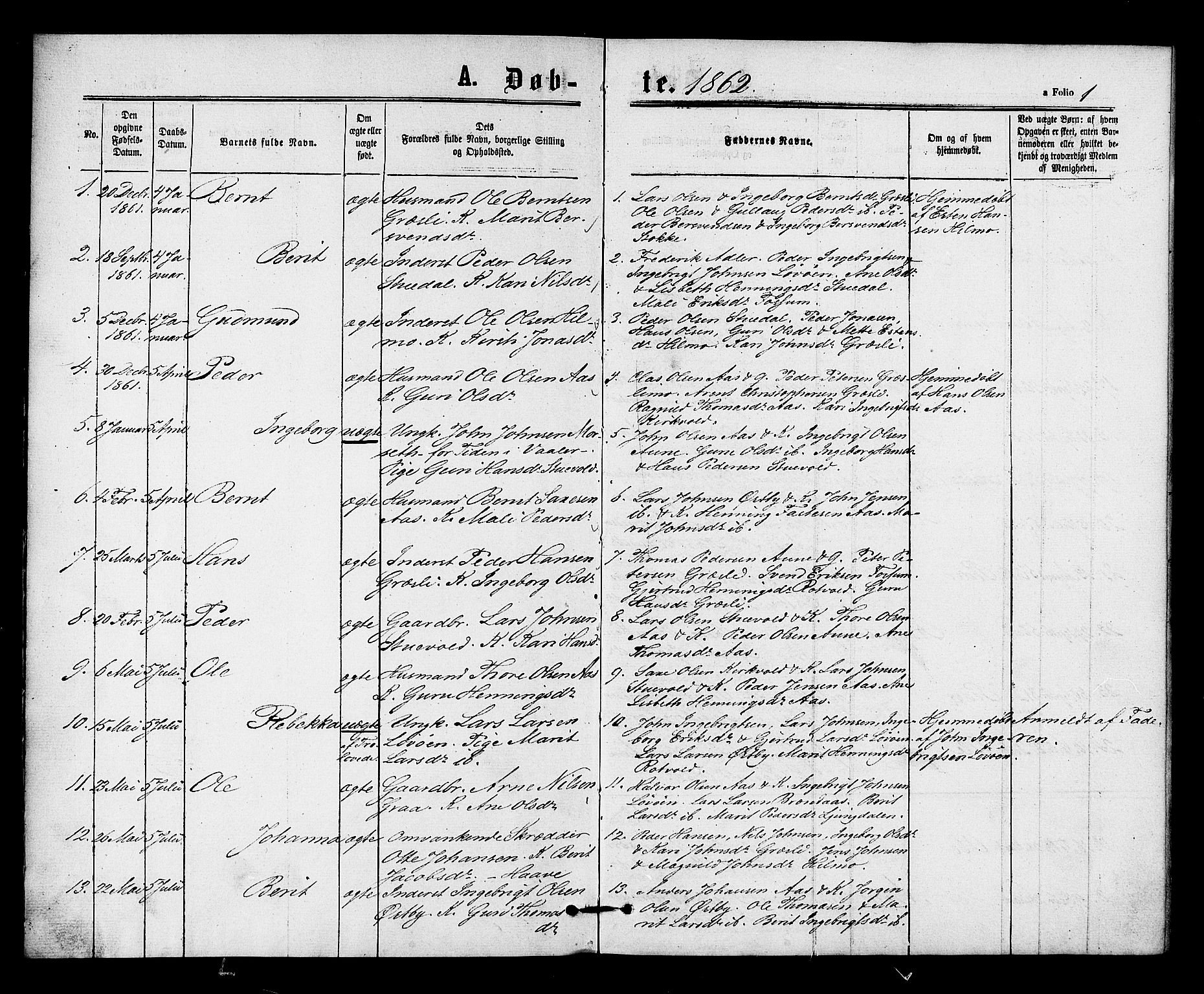 Ministerialprotokoller, klokkerbøker og fødselsregistre - Sør-Trøndelag, AV/SAT-A-1456/698/L1163: Parish register (official) no. 698A01, 1862-1887, p. 1