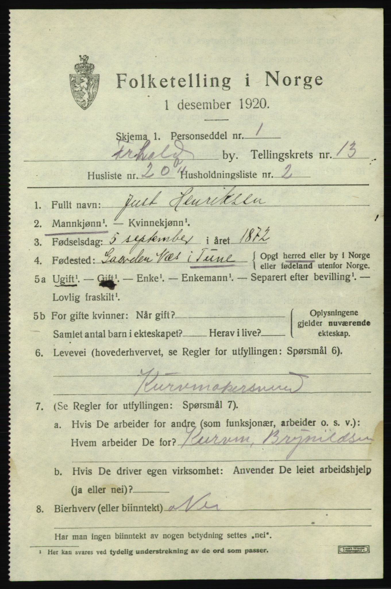 SAO, 1920 census for Fredrikshald, 1920, p. 21026