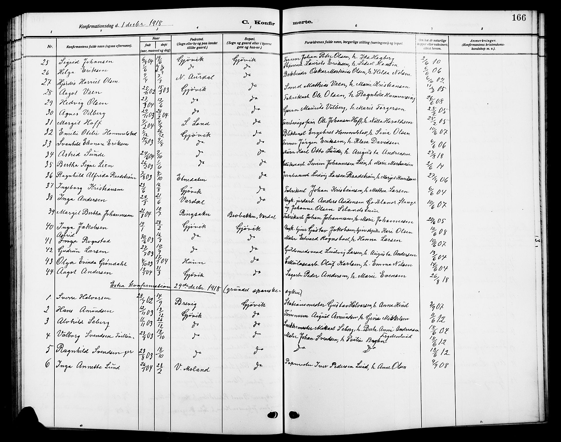 Vardal prestekontor, SAH/PREST-100/H/Ha/Hab/L0014: Parish register (copy) no. 14, 1911-1922, p. 166