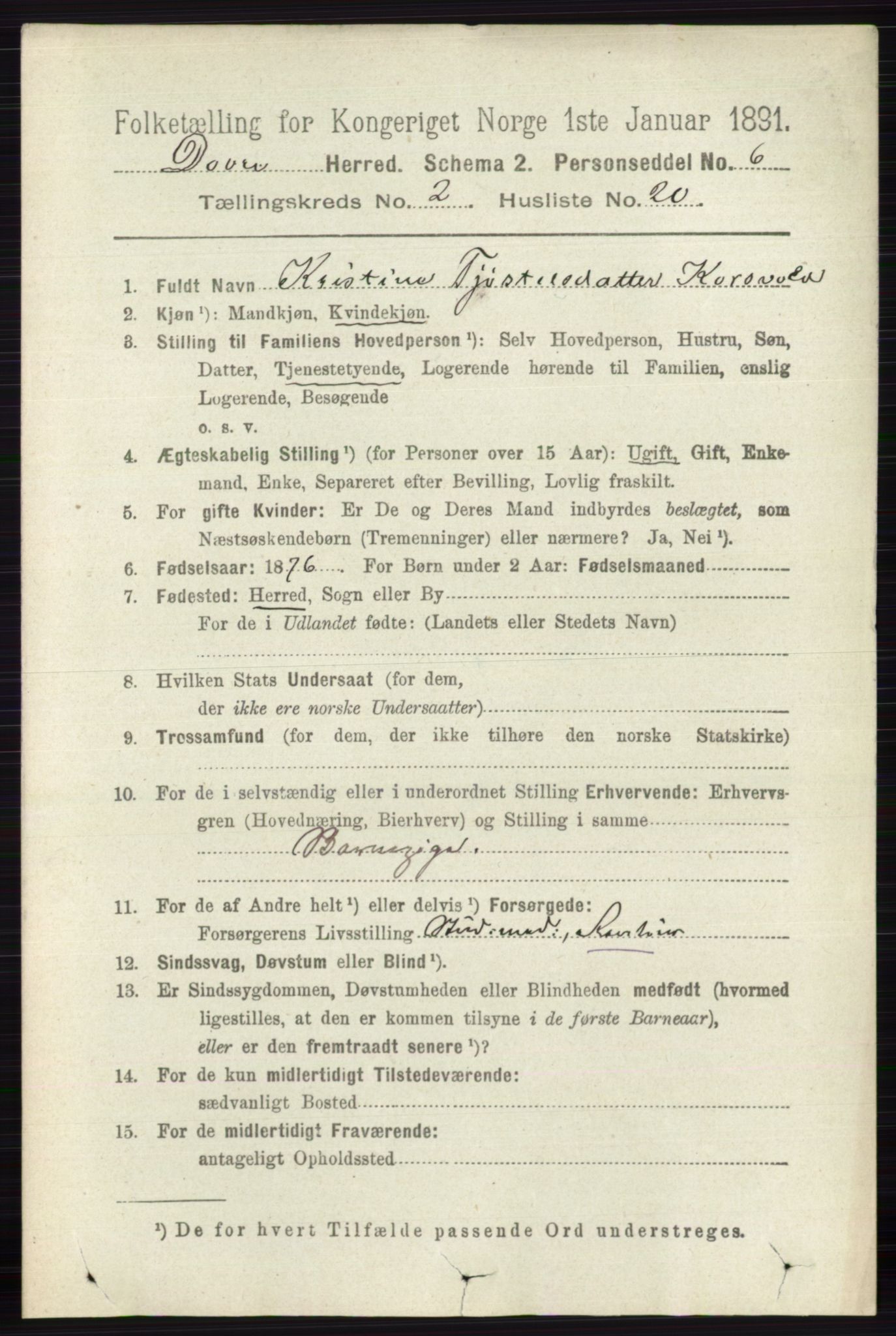 RA, 1891 census for 0511 Dovre, 1891, p. 1009