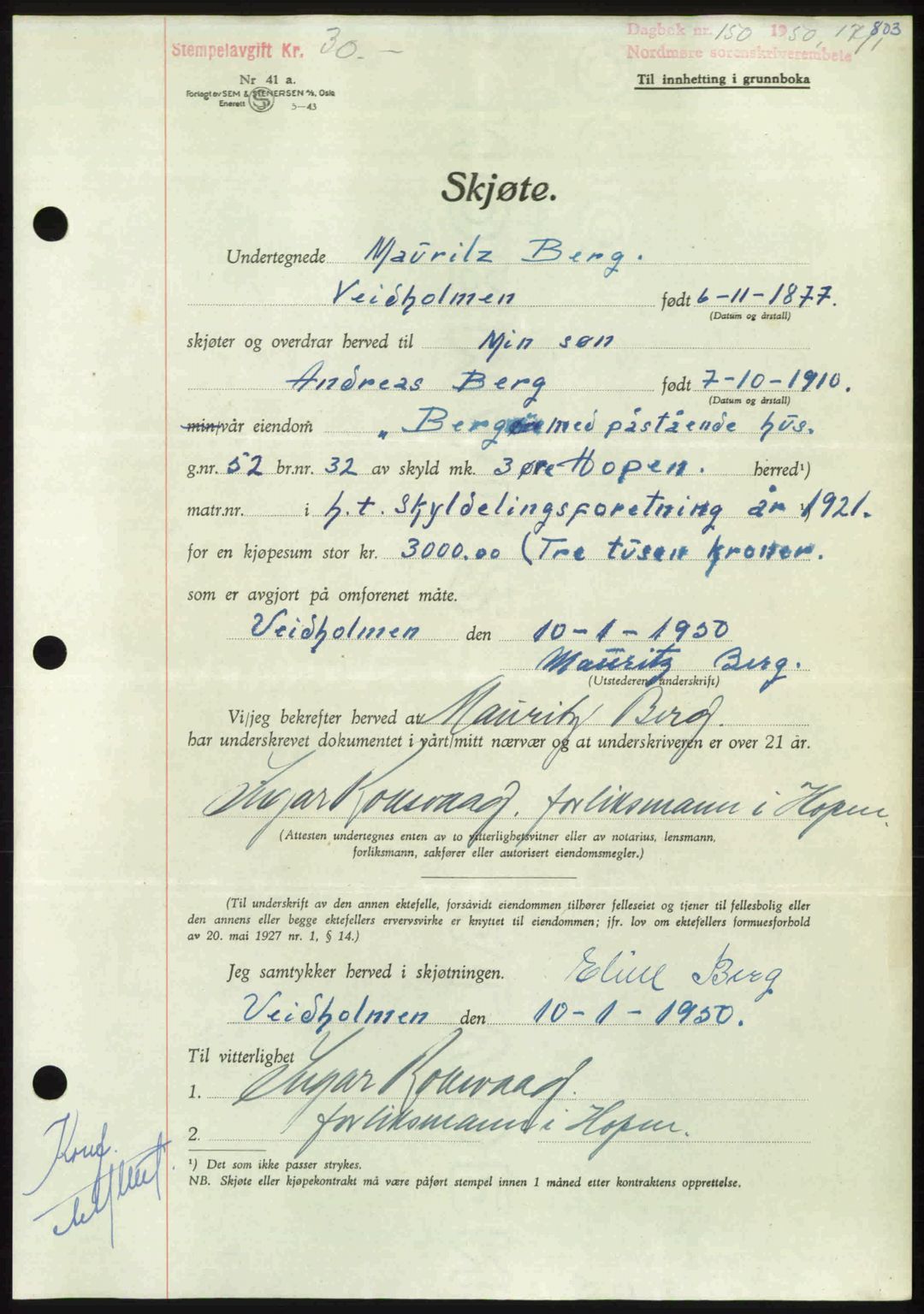 Nordmøre sorenskriveri, AV/SAT-A-4132/1/2/2Ca: Mortgage book no. A113, 1949-1950, Diary no: : 150/1950