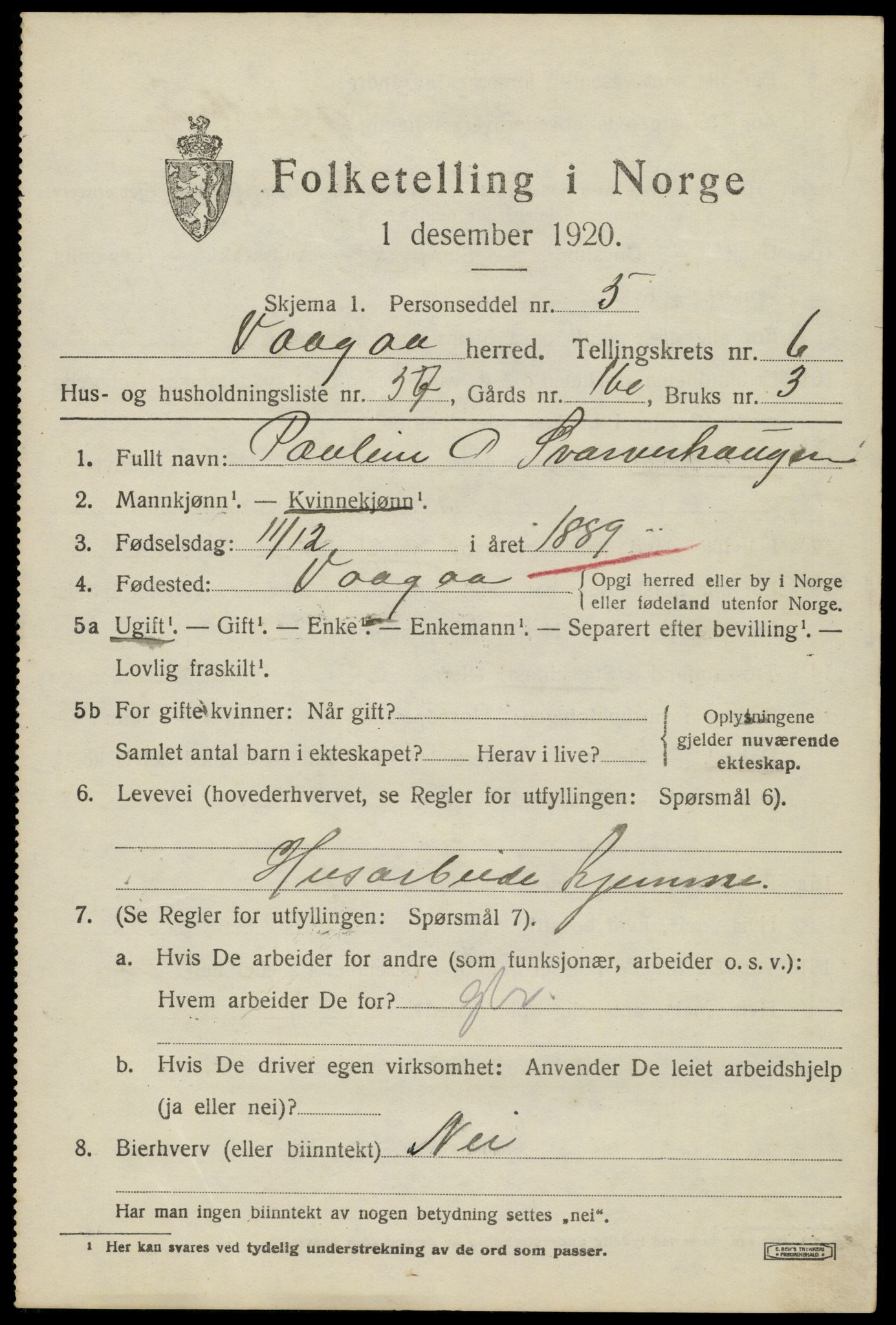 SAH, 1920 census for Vågå, 1920, p. 5282