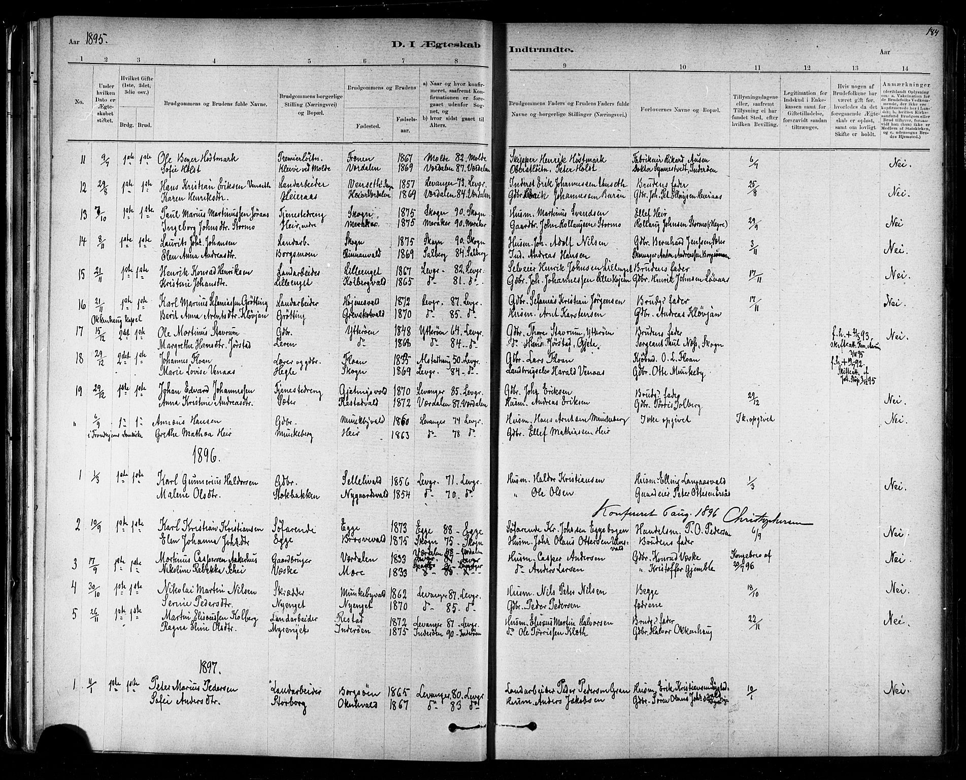Ministerialprotokoller, klokkerbøker og fødselsregistre - Nord-Trøndelag, AV/SAT-A-1458/721/L0208: Parish register (copy) no. 721C01, 1880-1917, p. 184