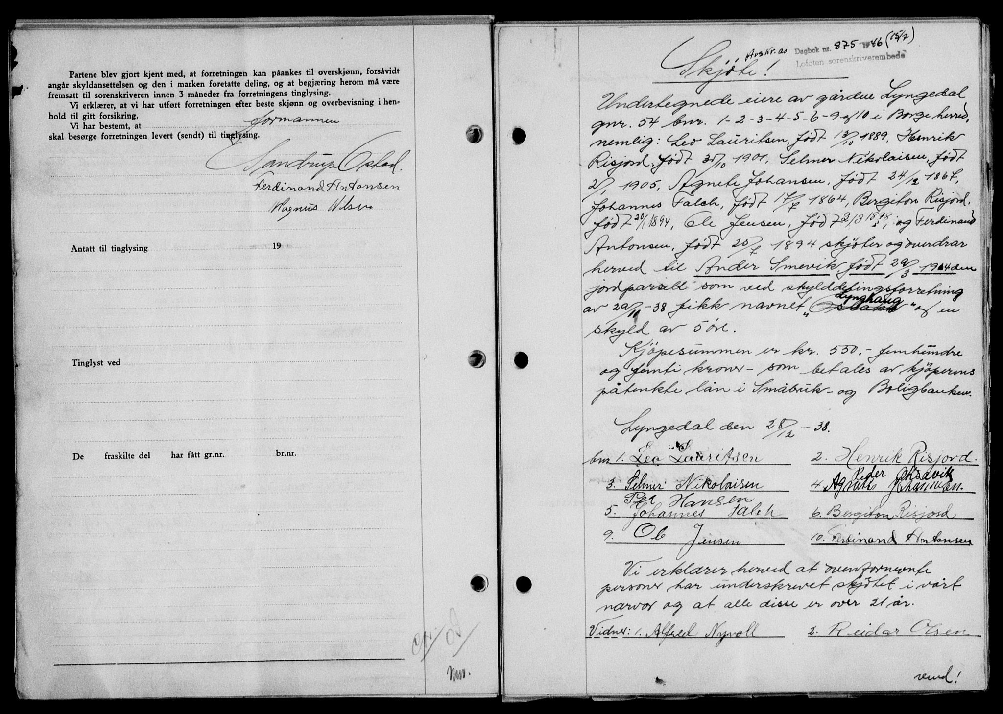 Lofoten sorenskriveri, SAT/A-0017/1/2/2C/L0014a: Mortgage book no. 14a, 1946-1946, Diary no: : 875/1946