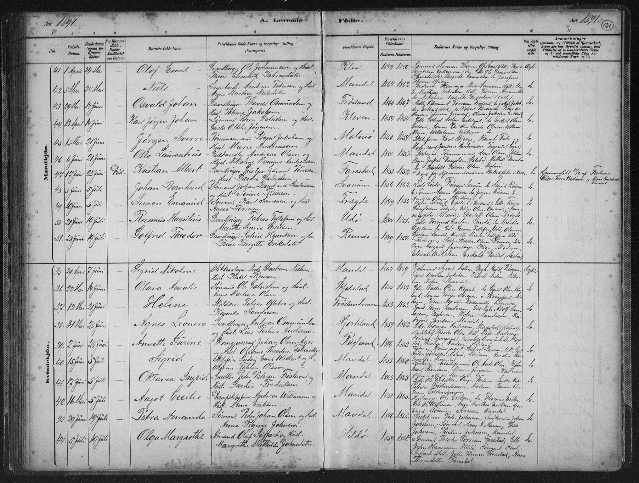 Mandal sokneprestkontor, SAK/1111-0030/F/Fb/Fba/L0011: Parish register (copy) no. B 5, 1880-1898, p. 121