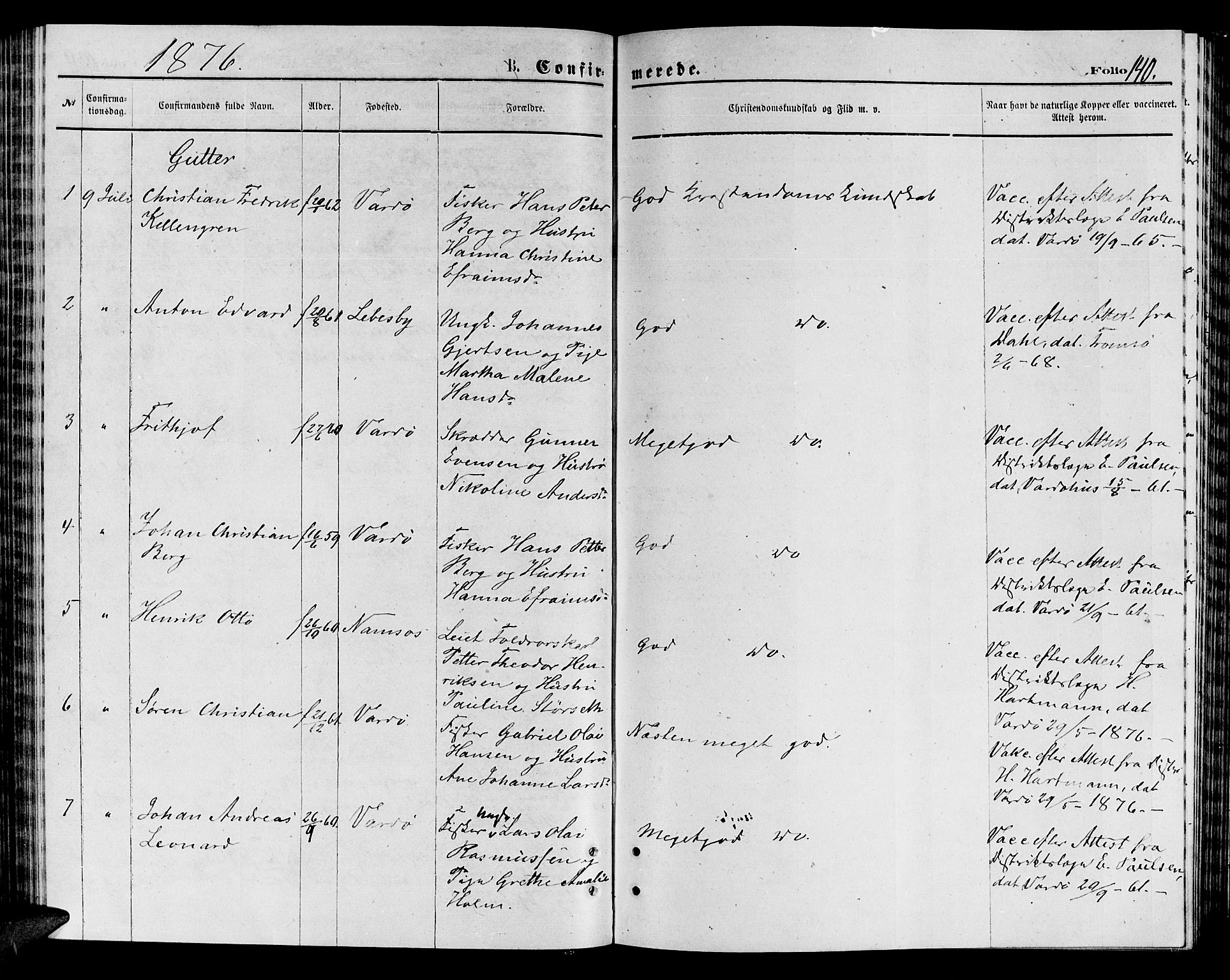 Vardø sokneprestkontor, SATØ/S-1332/H/Hb/L0003klokker: Parish register (copy) no. 3, 1871-1878, p. 140