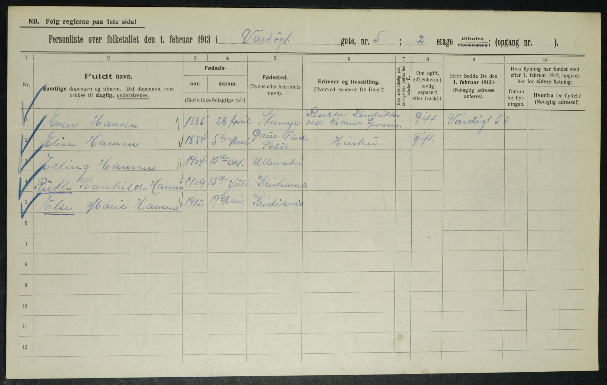 OBA, Municipal Census 1913 for Kristiania, 1913, p. 121798