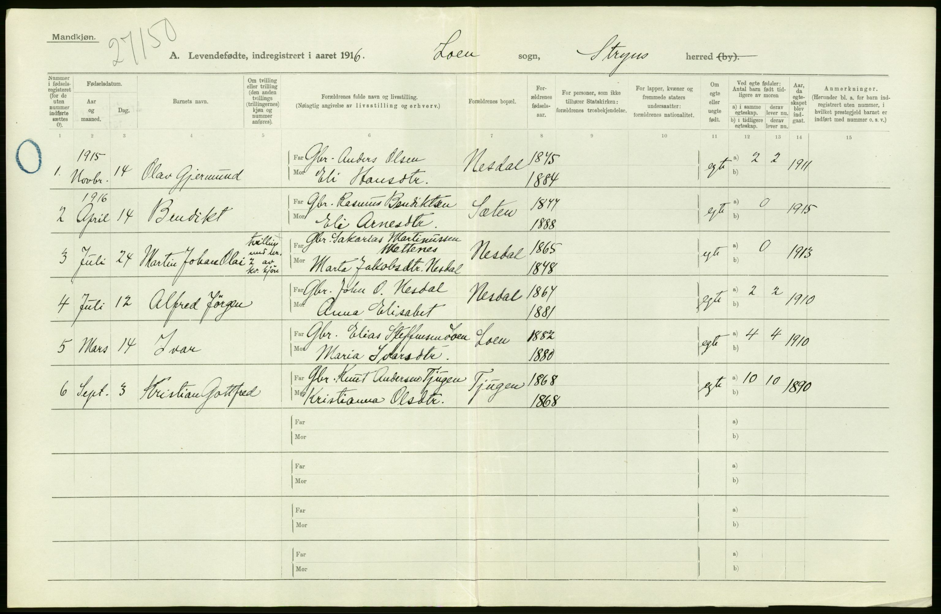 Statistisk sentralbyrå, Sosiodemografiske emner, Befolkning, AV/RA-S-2228/D/Df/Dfb/Dfbf/L0039: N. Bergenhus amt: Levendefødte menn og kvinner. Bygder., 1916, p. 2