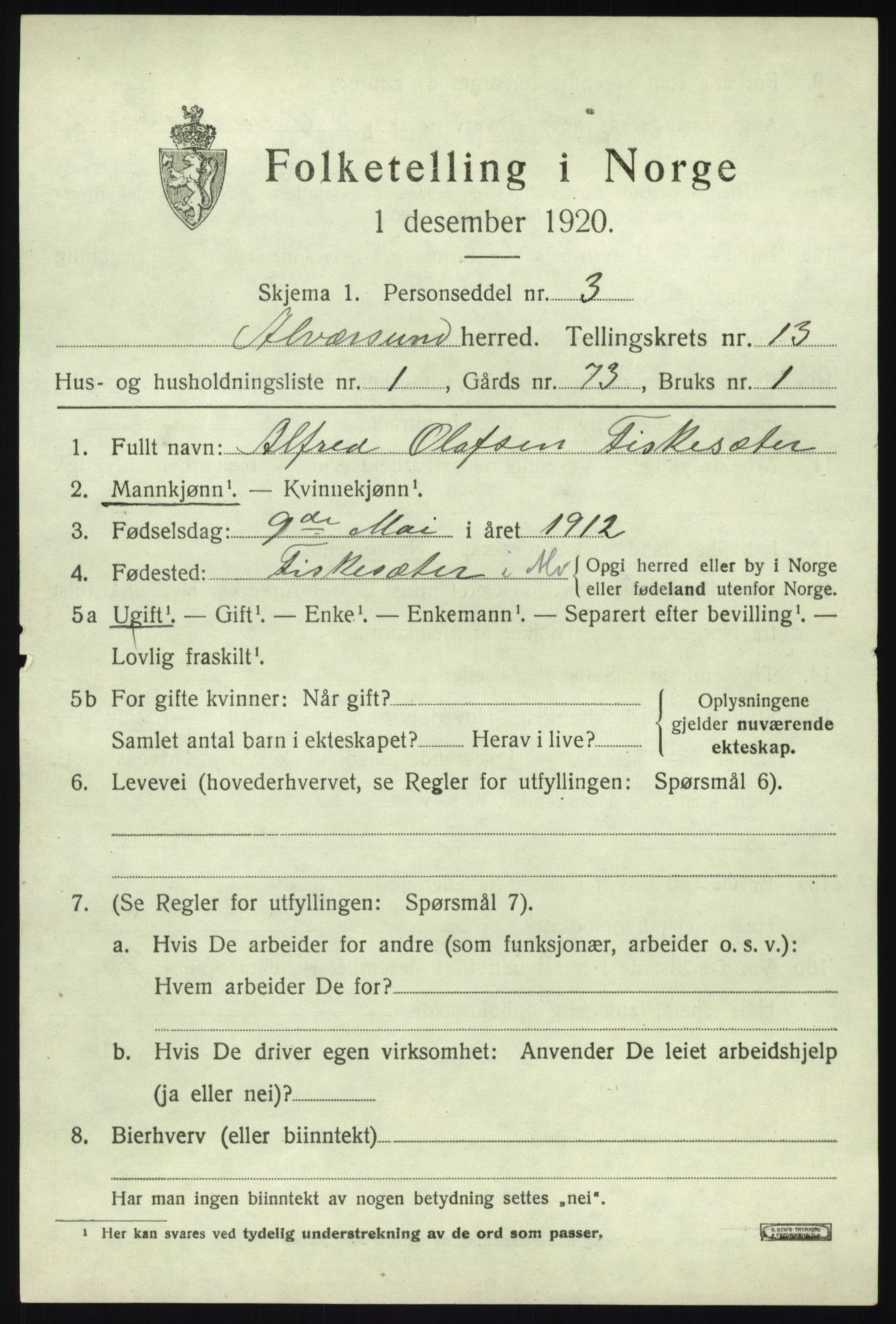 SAB, 1920 census for Alversund, 1920, p. 7154