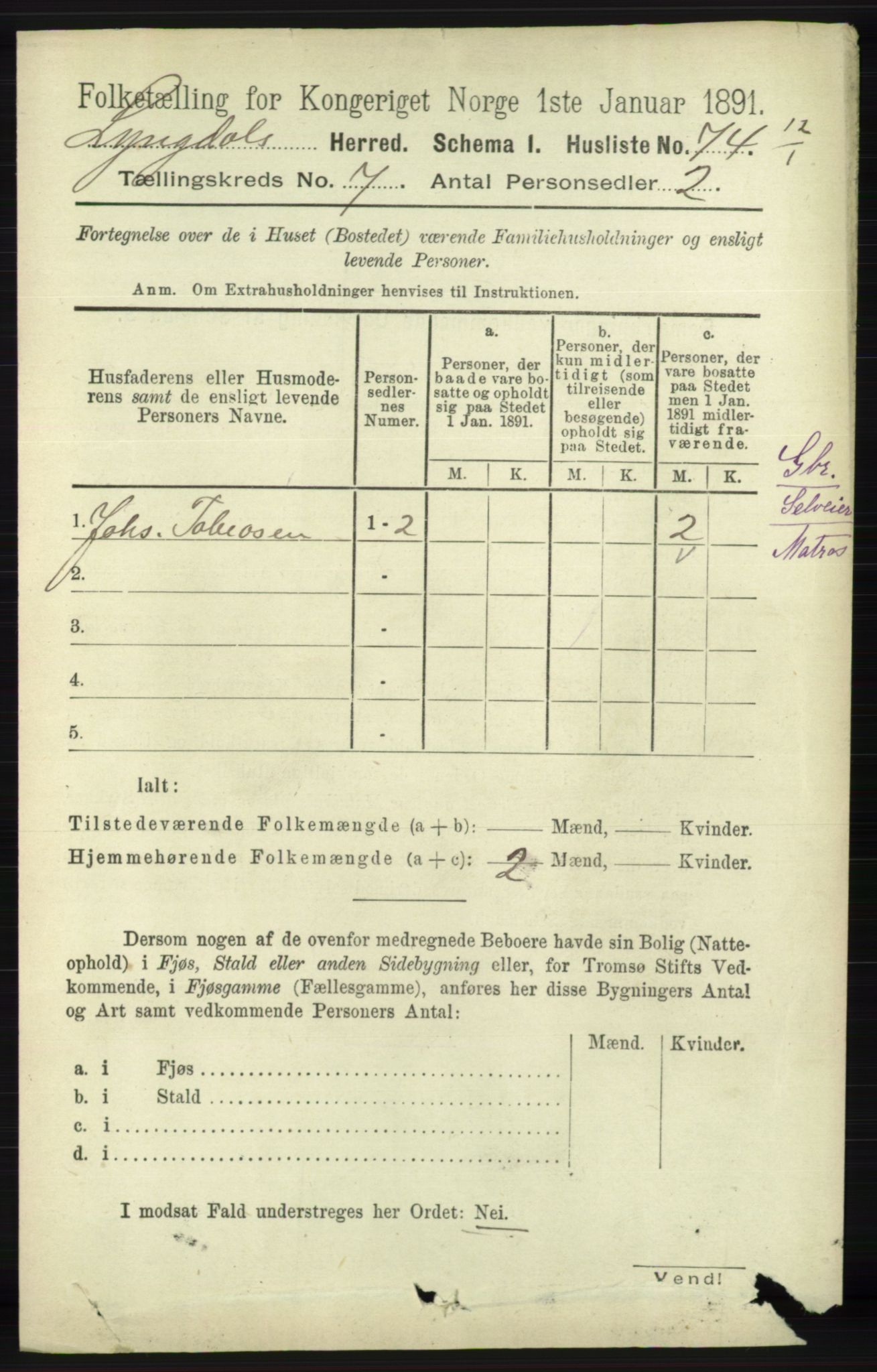 RA, 1891 census for 1032 Lyngdal, 1891, p. 2931