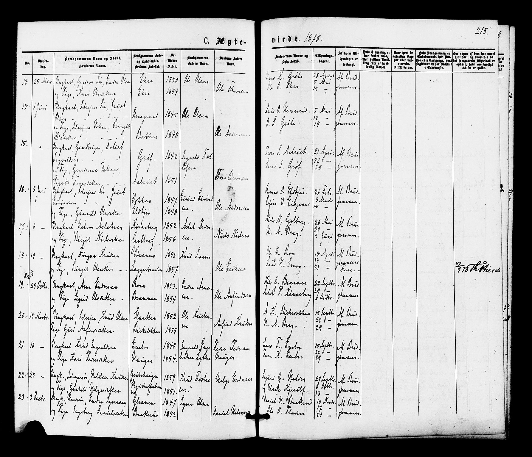 Gol kirkebøker, AV/SAKO-A-226/F/Fa/L0004: Parish register (official) no. I 4, 1876-1886, p. 215