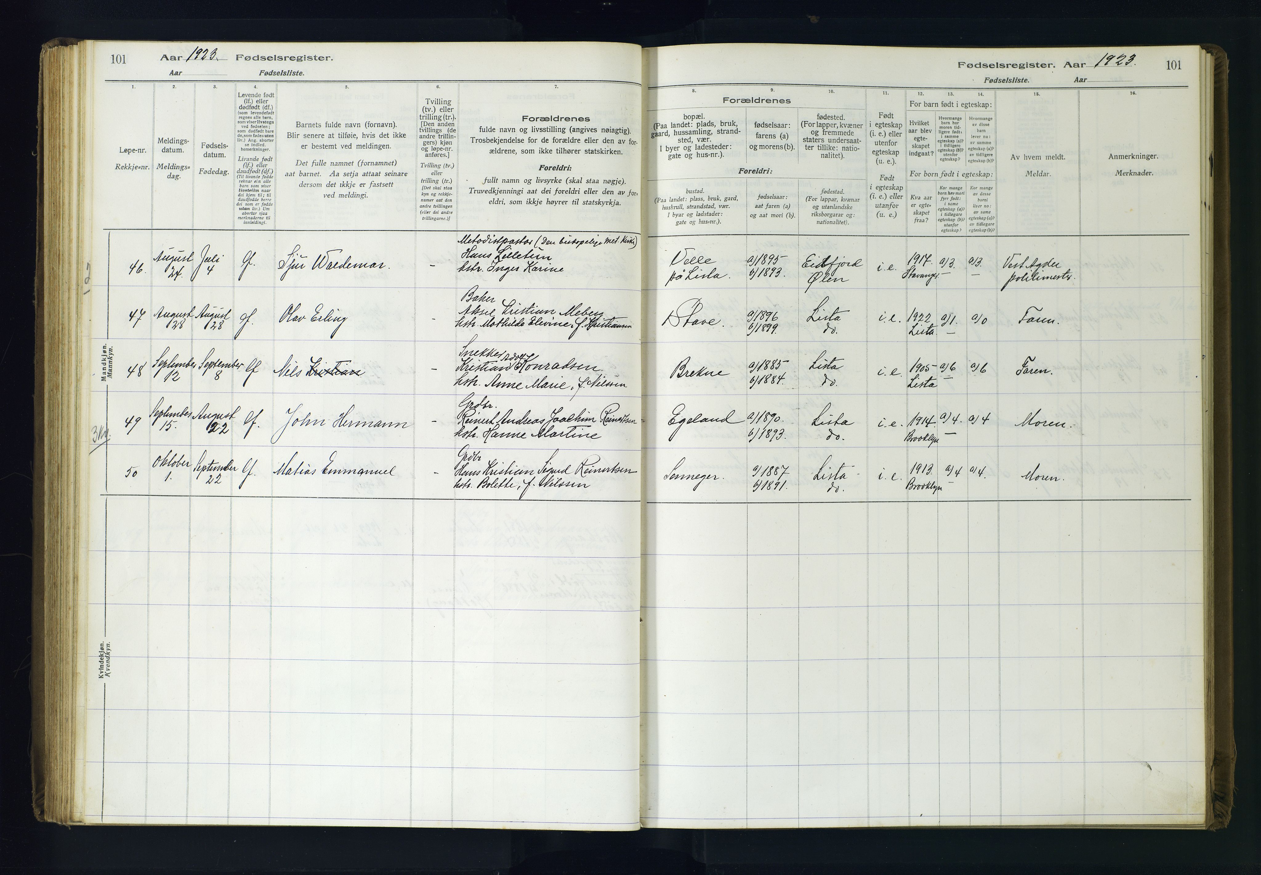 Lista sokneprestkontor, AV/SAK-1111-0027/J/Ja/L0001: Birth register no. A-VI-30, 1916-1934, p. 101