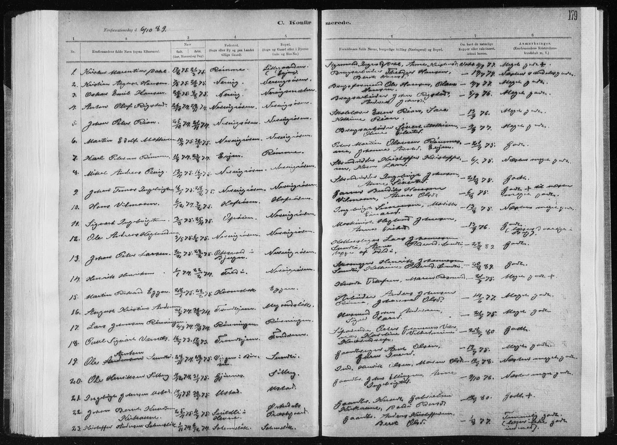 Ministerialprotokoller, klokkerbøker og fødselsregistre - Sør-Trøndelag, SAT/A-1456/668/L0818: Parish register (copy) no. 668C07, 1885-1898, p. 179
