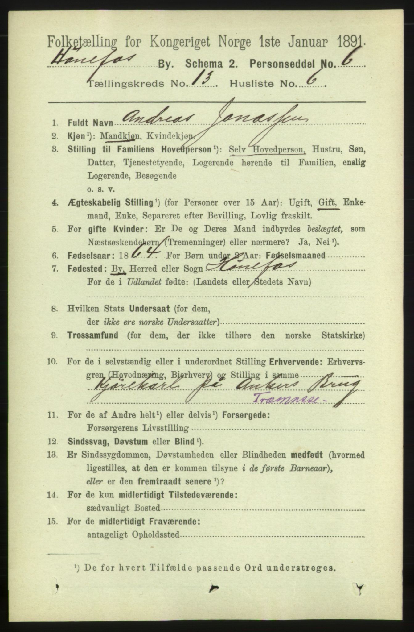 RA, 1891 census for 0601 Hønefoss, 1891, p. 1643