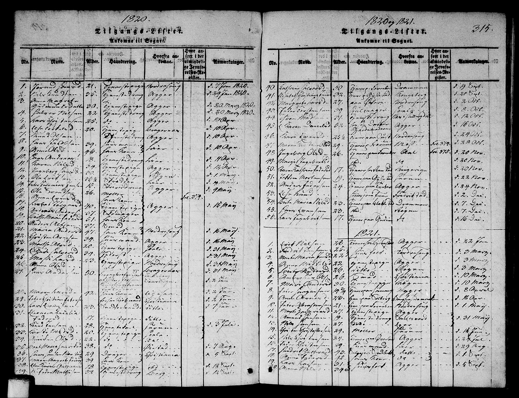 Asker prestekontor Kirkebøker, SAO/A-10256a/G/Ga/L0001: Parish register (copy) no. I 1, 1814-1830, p. 315
