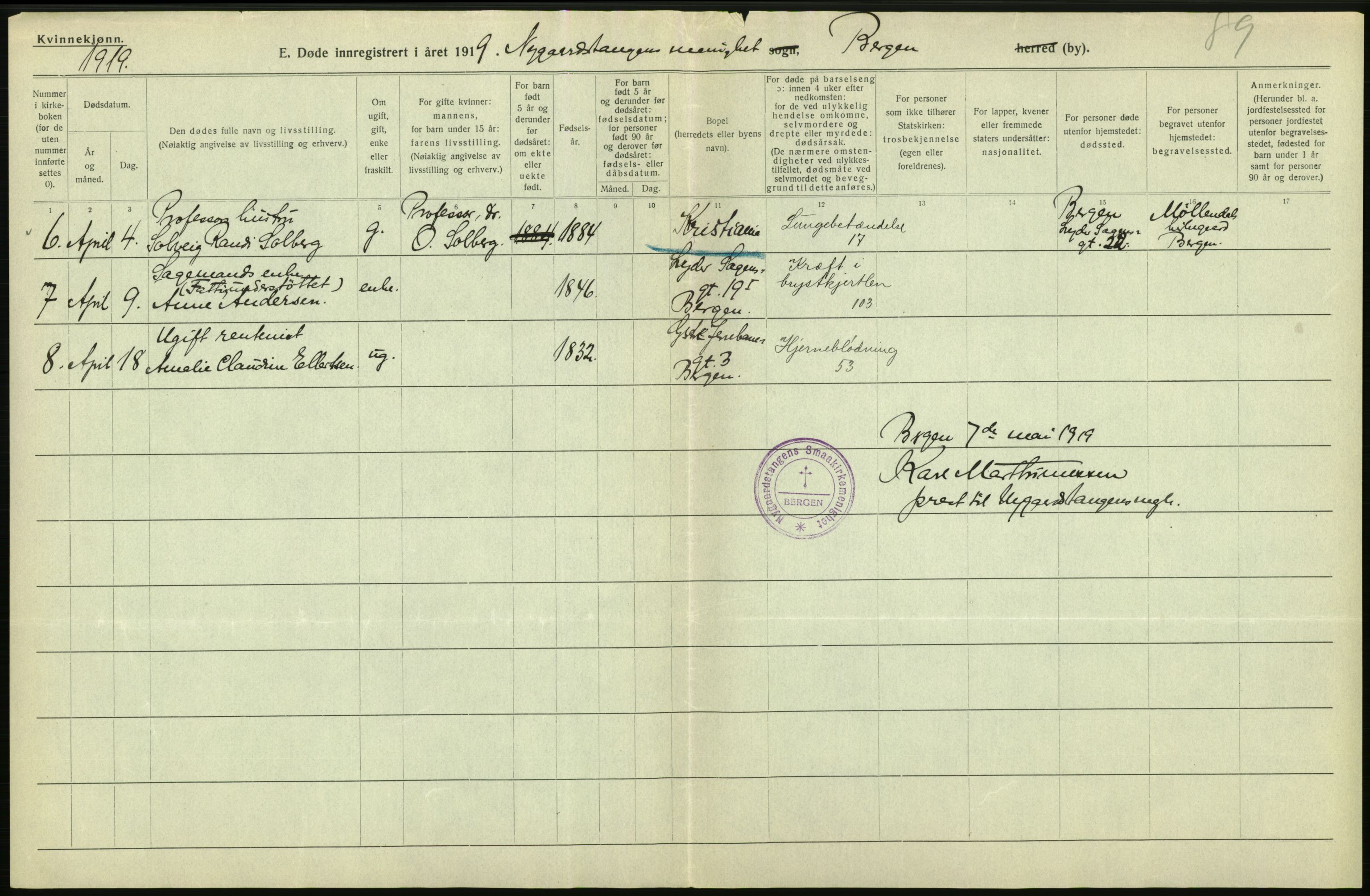 Statistisk sentralbyrå, Sosiodemografiske emner, Befolkning, AV/RA-S-2228/D/Df/Dfb/Dfbi/L0035: Bergen: Gifte, døde, dødfødte., 1919, p. 288