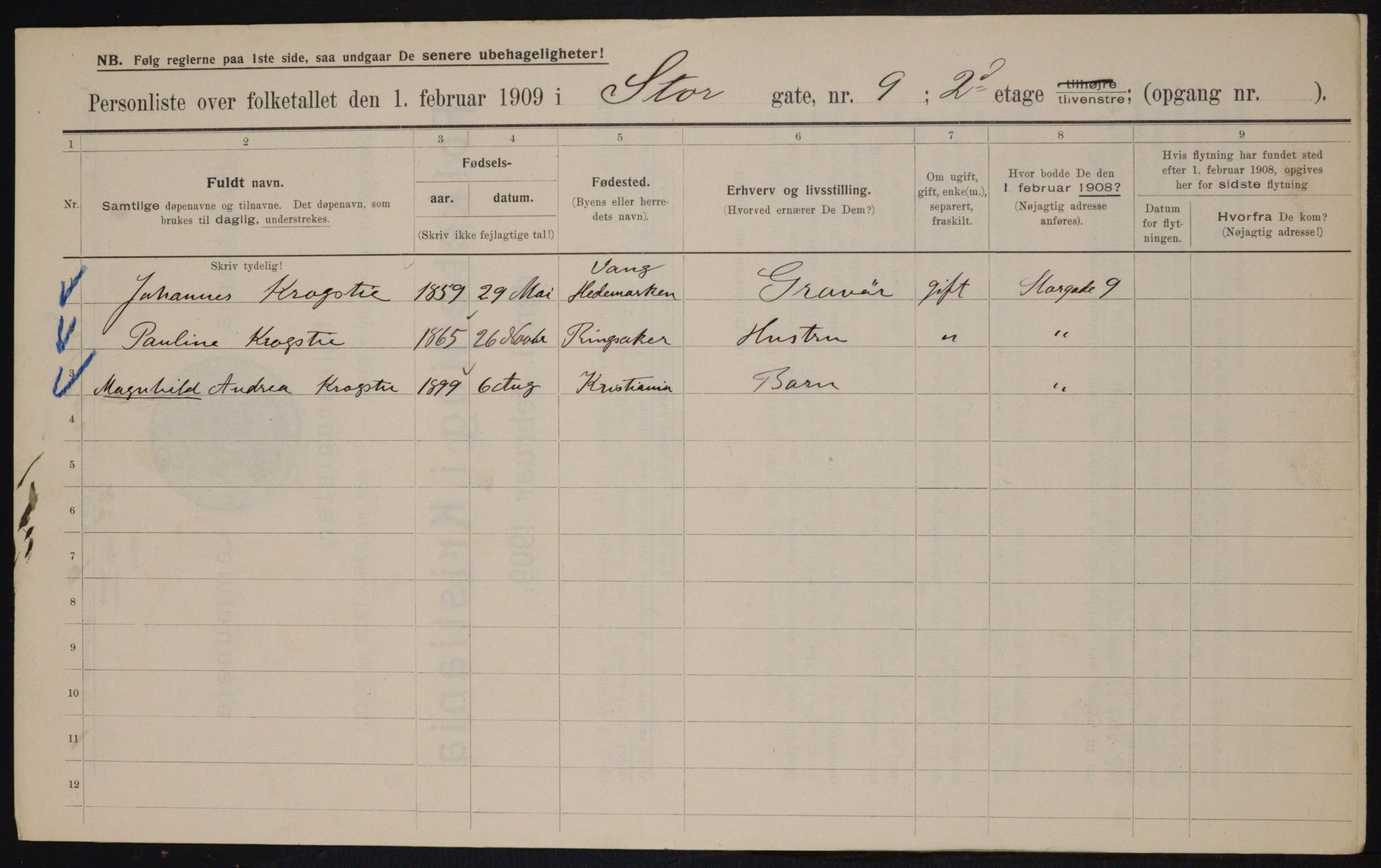 OBA, Municipal Census 1909 for Kristiania, 1909, p. 93052