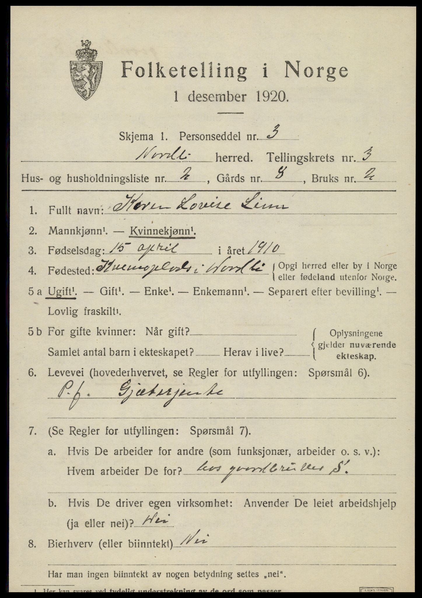 SAT, 1920 census for Nordli, 1920, p. 1425