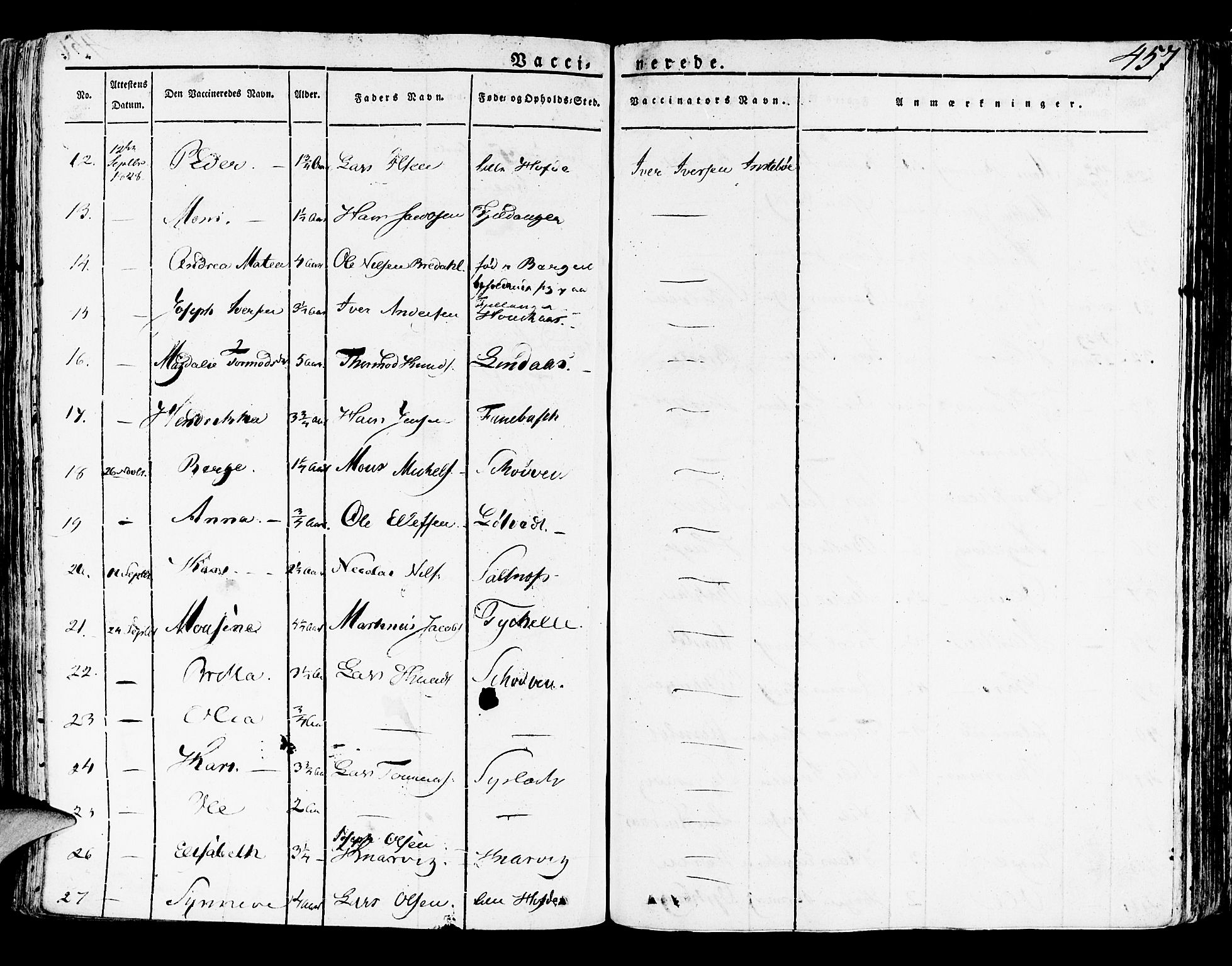Lindås Sokneprestembete, SAB/A-76701/H/Haa: Parish register (official) no. A 8, 1823-1836, p. 457