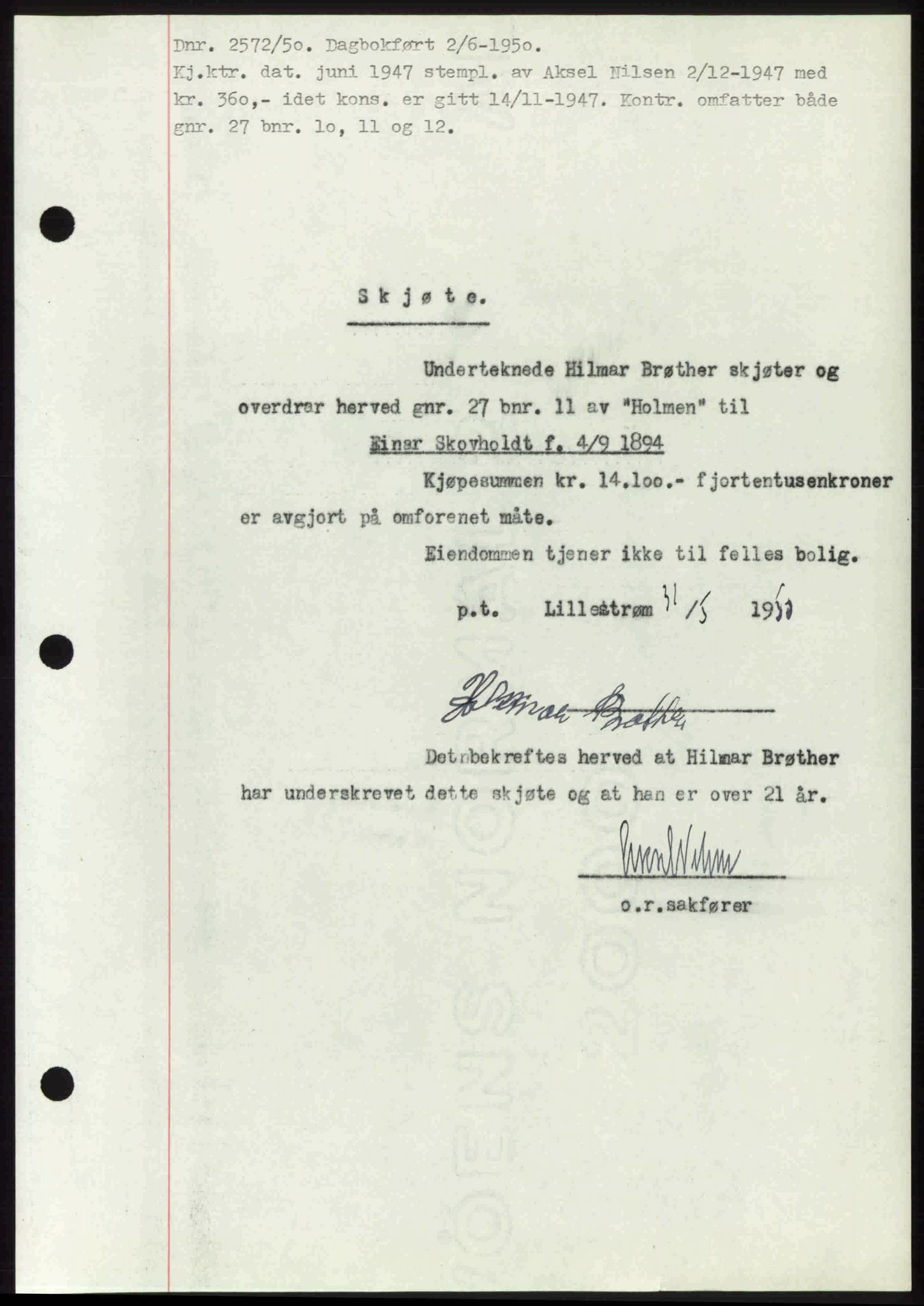 Nedre Romerike sorenskriveri, SAO/A-10469/G/Gb/Gbd/L0030: Mortgage book no. 30, 1950-1950, Diary no: : 2572/1950
