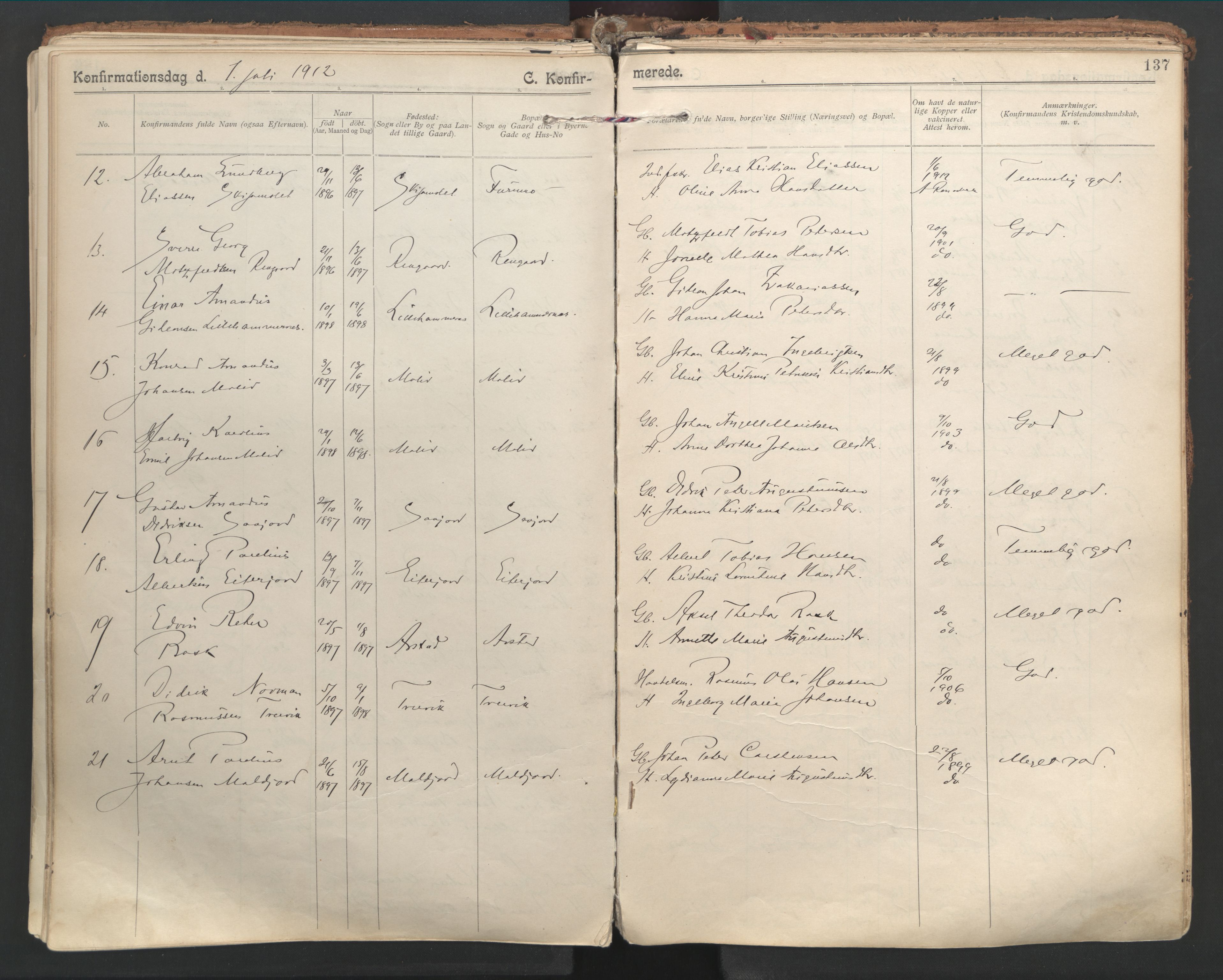 Ministerialprotokoller, klokkerbøker og fødselsregistre - Nordland, SAT/A-1459/846/L0647: Parish register (official) no. 846A05, 1902-1915, p. 137