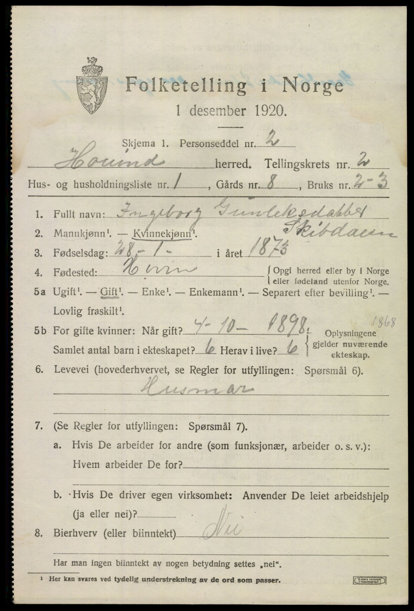 SAKO, 1920 census for Hovin, 1920, p. 735