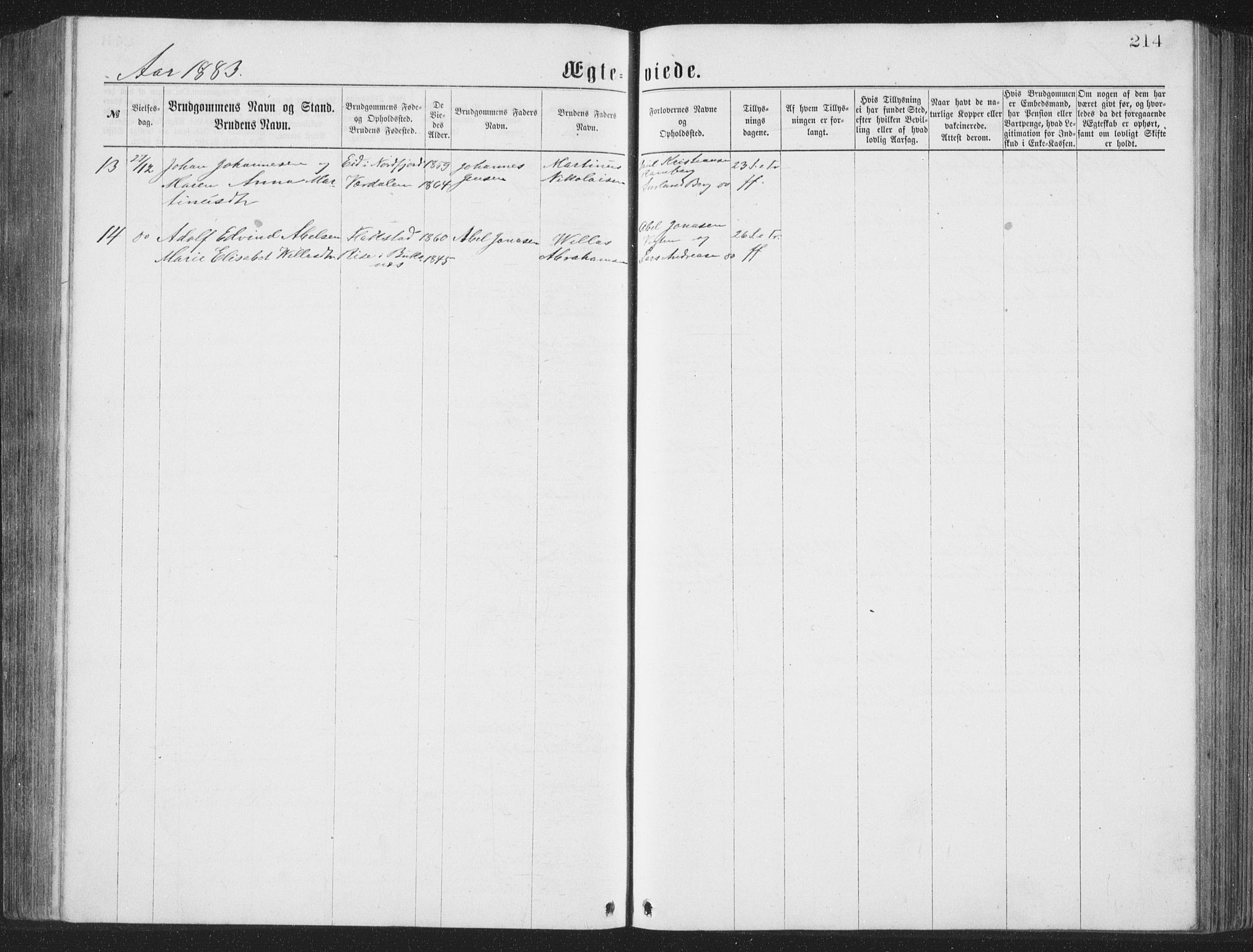 Ministerialprotokoller, klokkerbøker og fødselsregistre - Nordland, AV/SAT-A-1459/885/L1213: Parish register (copy) no. 885C02, 1874-1892, p. 214