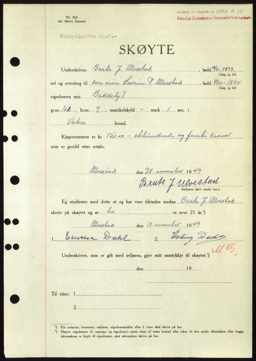 Nordre Sunnmøre sorenskriveri, AV/SAT-A-0006/1/2/2C/2Ca: Mortgage book no. A33, 1949-1950, Diary no: : 3005/1949