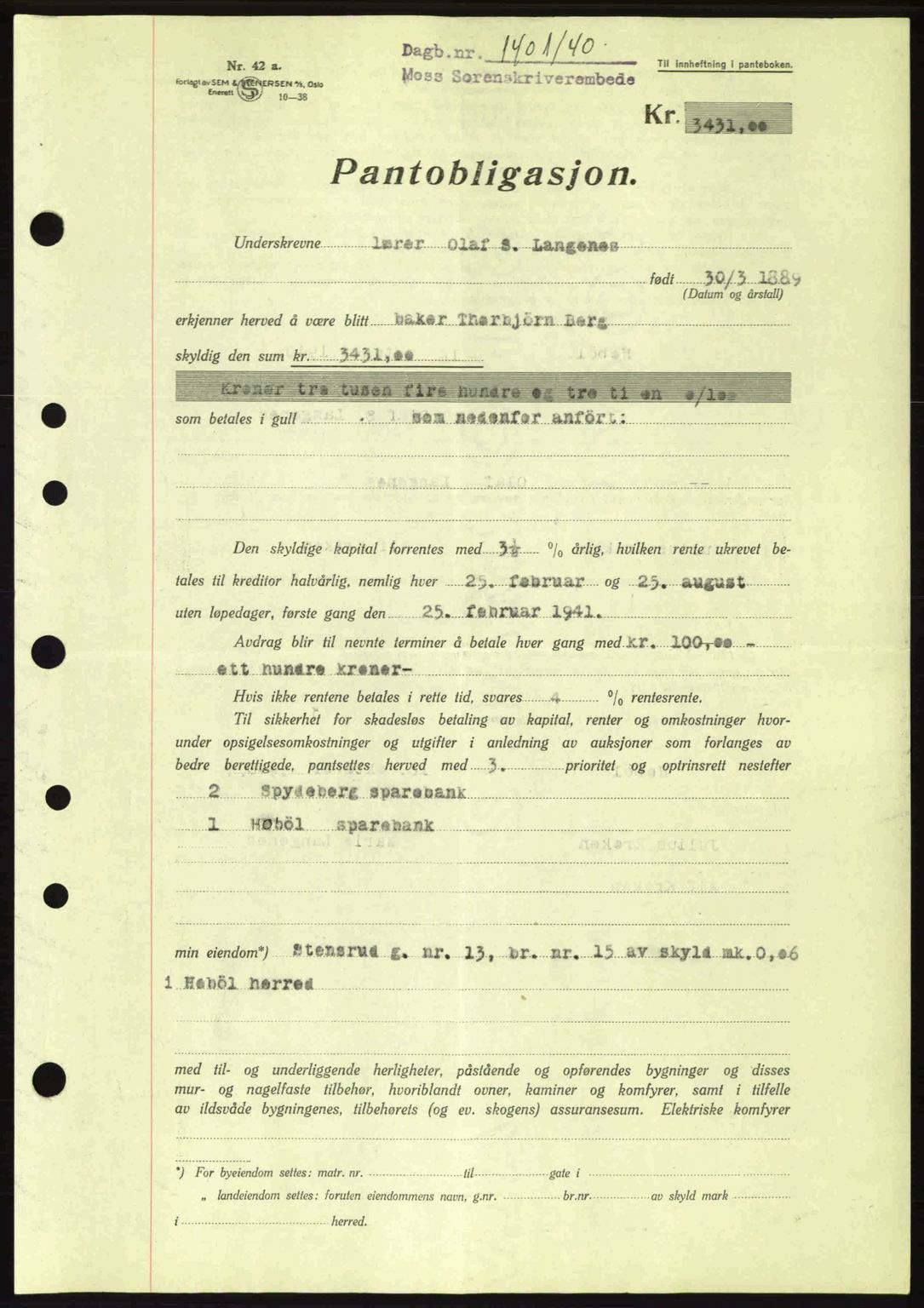 Moss sorenskriveri, SAO/A-10168: Mortgage book no. B10, 1940-1941, Diary no: : 1401/1940