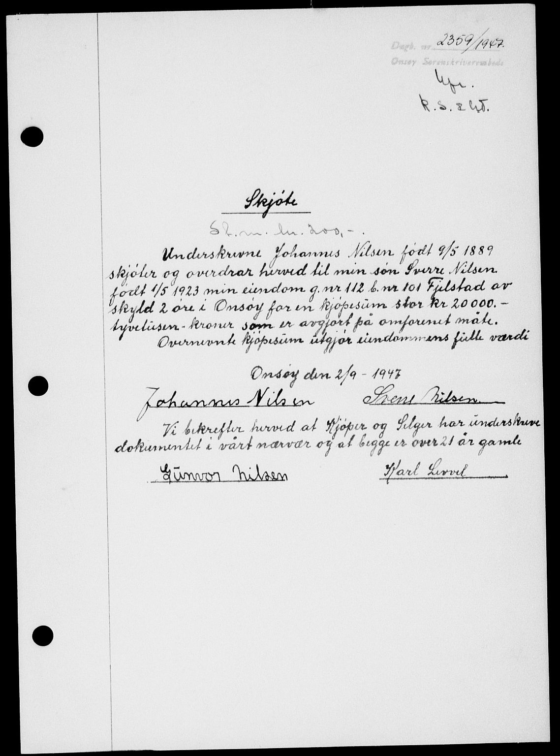 Onsøy sorenskriveri, SAO/A-10474/G/Ga/Gab/L0021: Mortgage book no. II A-21, 1947-1947, Diary no: : 2359/1947