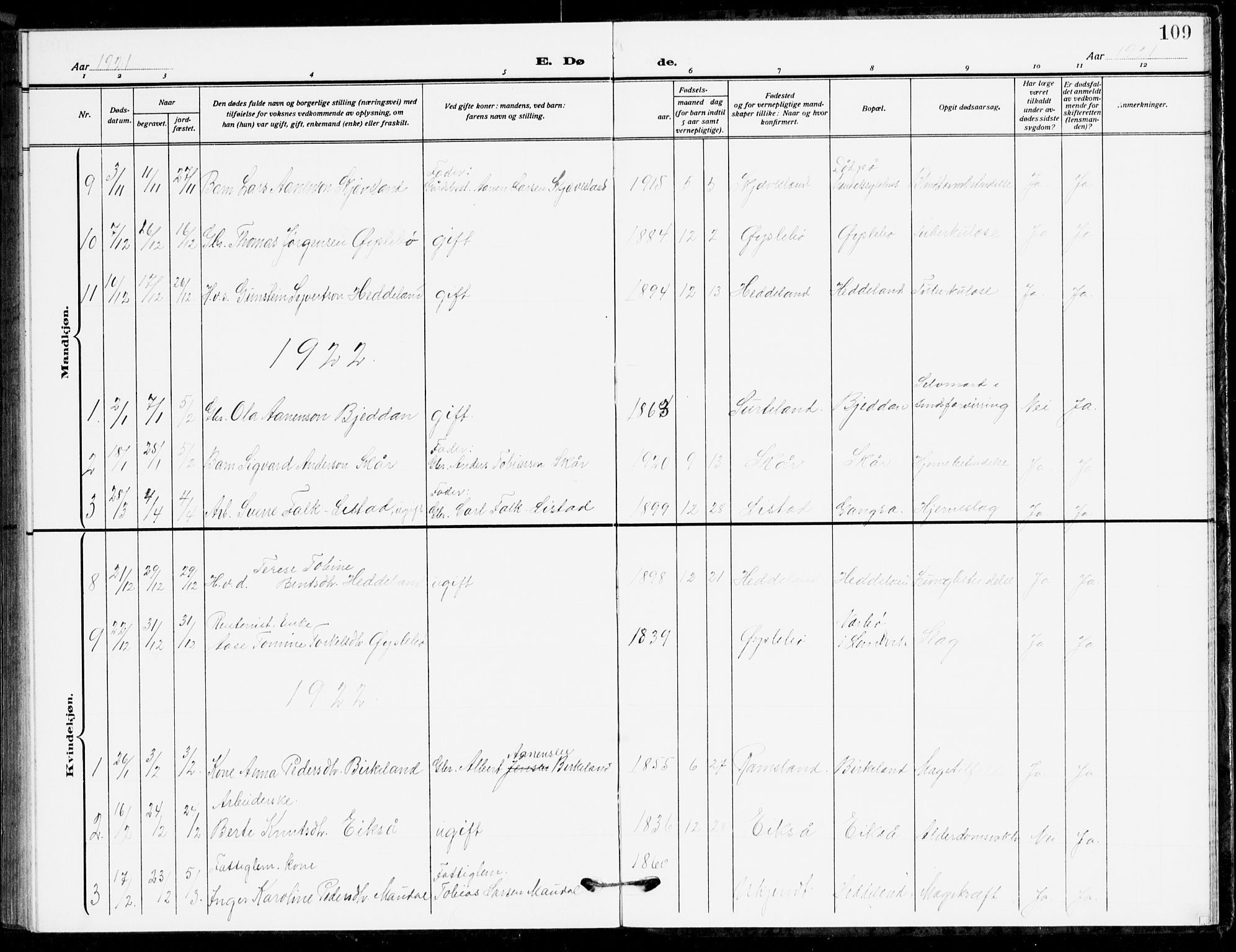 Holum sokneprestkontor, AV/SAK-1111-0022/F/Fb/Fbc/L0004: Parish register (copy) no. B 4, 1908-1930, p. 109