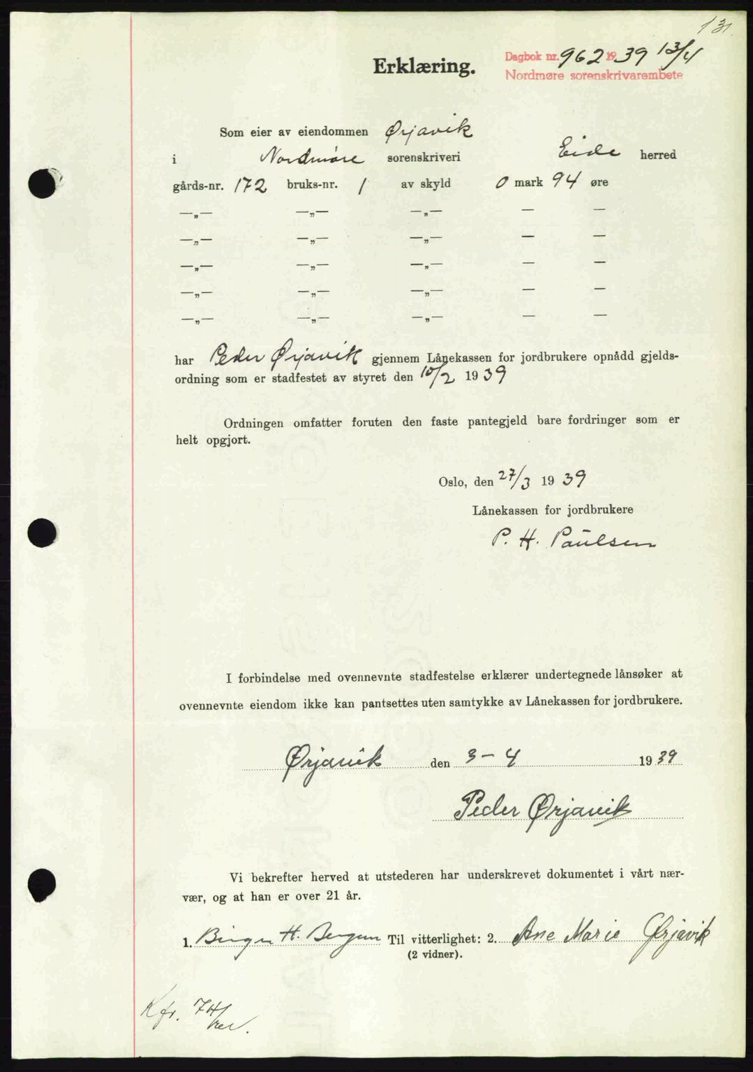 Nordmøre sorenskriveri, AV/SAT-A-4132/1/2/2Ca: Mortgage book no. B85, 1939-1939, Diary no: : 962/1939