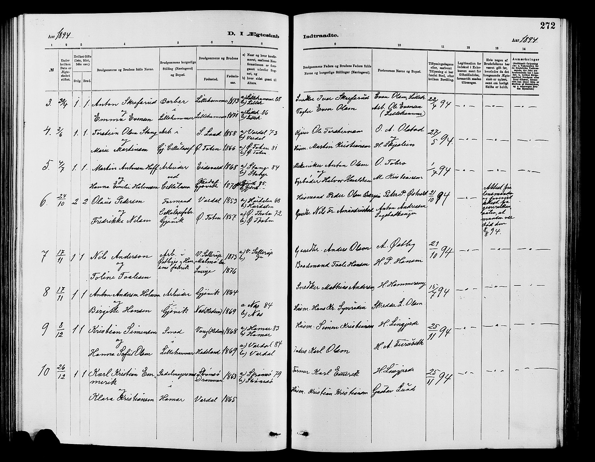 Vardal prestekontor, SAH/PREST-100/H/Ha/Hab/L0007: Parish register (copy) no. 7 /2, 1881-1895, p. 272
