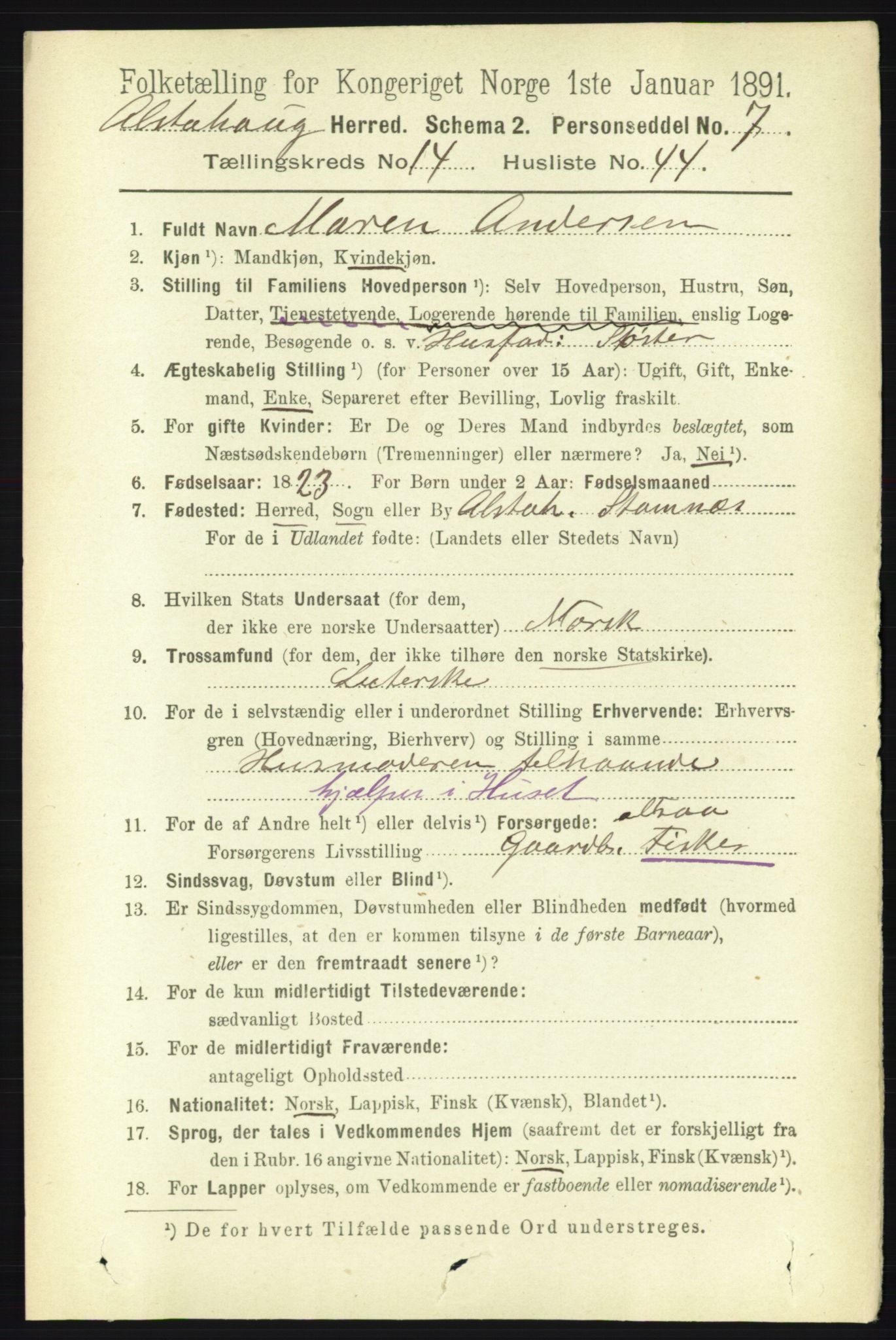 RA, 1891 census for 1820 Alstahaug, 1891, p. 5247