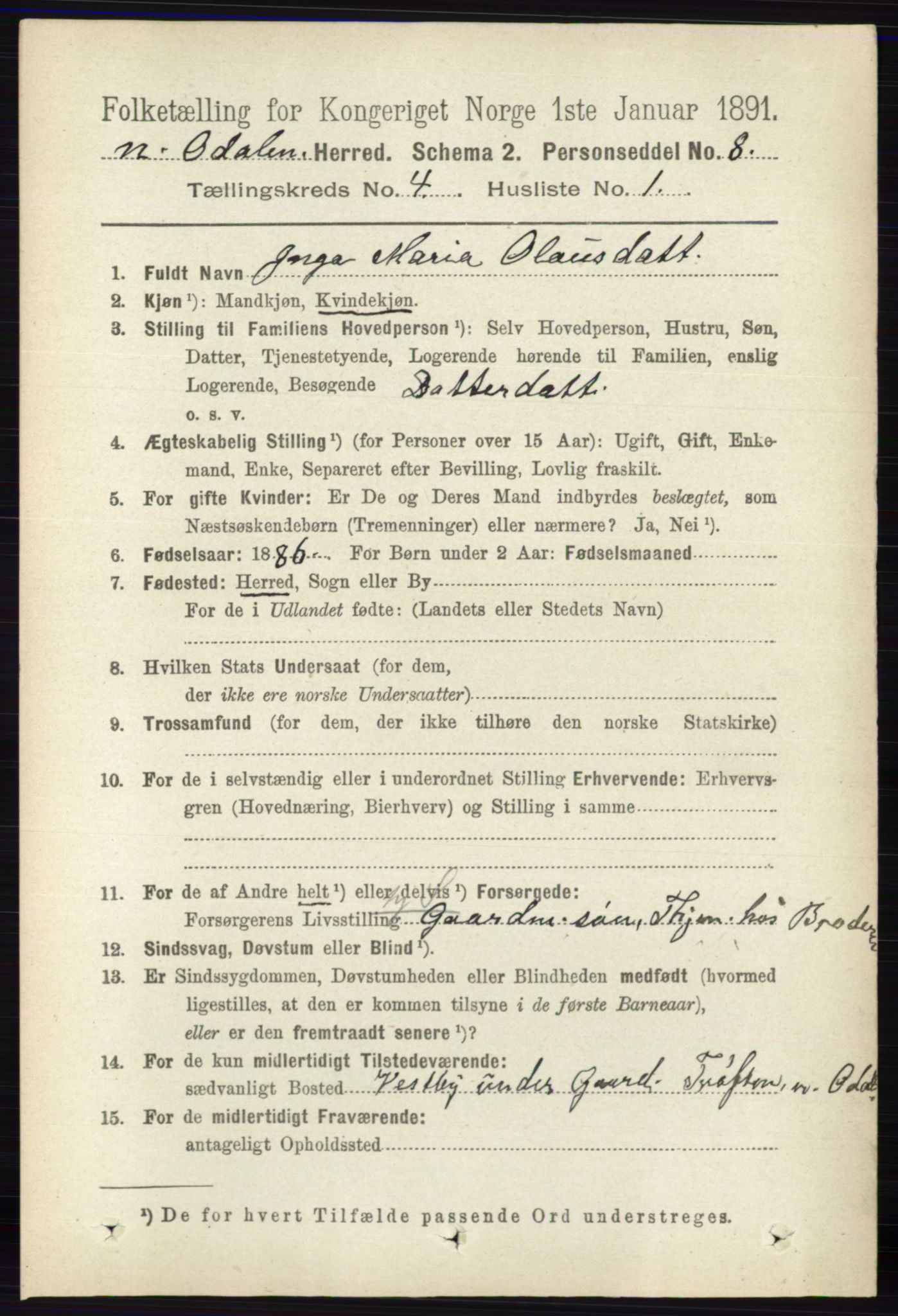 RA, 1891 census for 0418 Nord-Odal, 1891, p. 1269