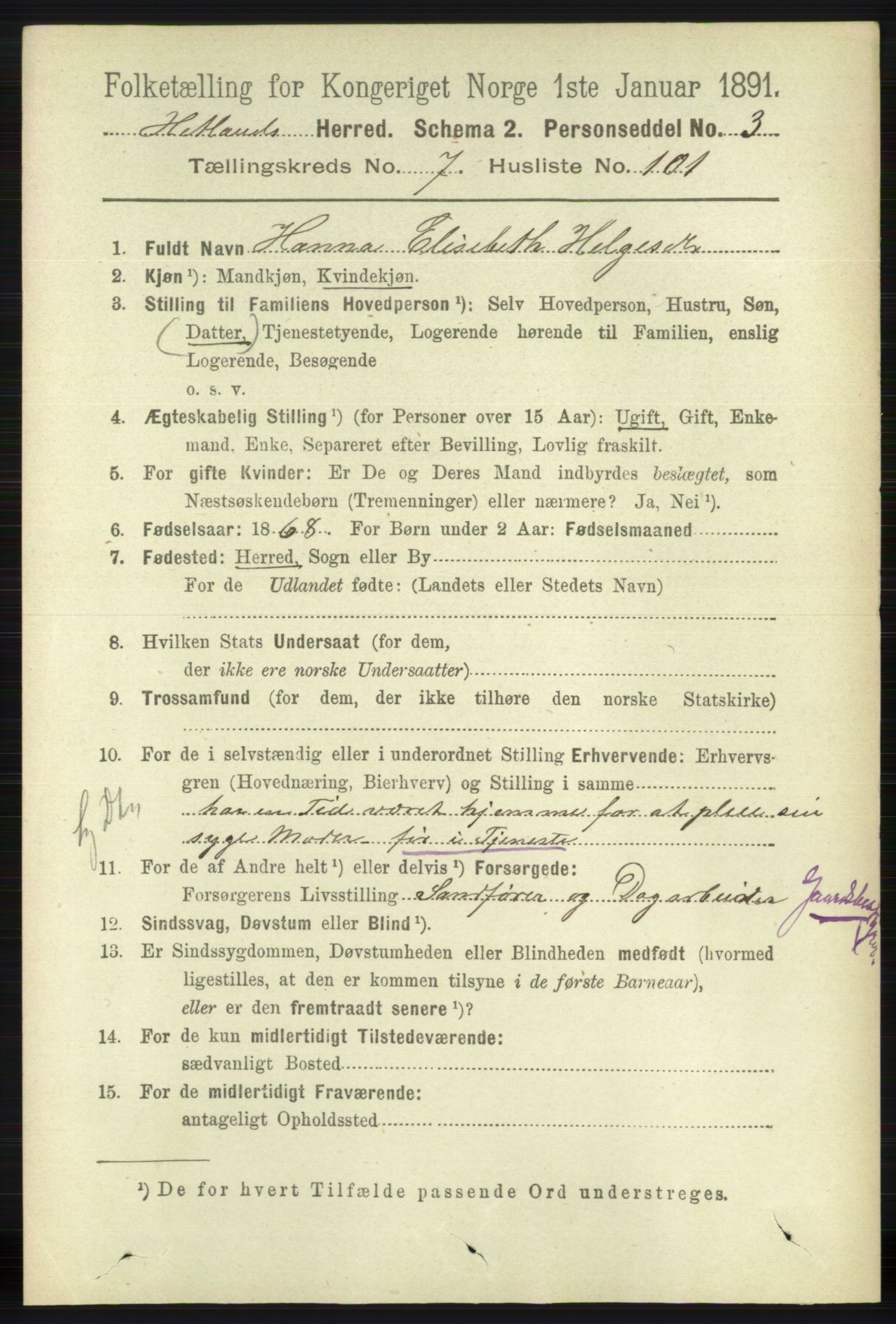 RA, 1891 census for 1126 Hetland, 1891, p. 4335