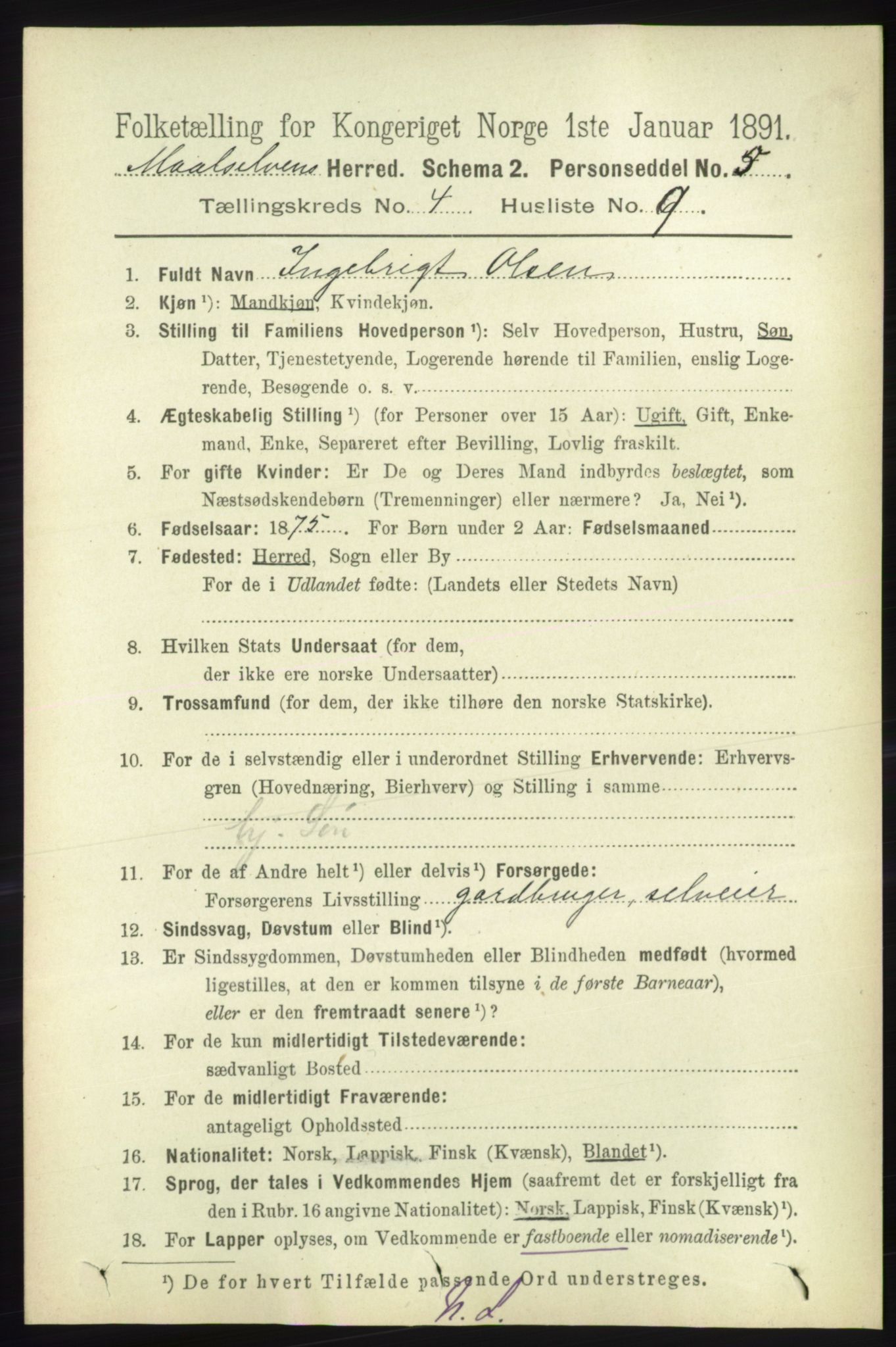 RA, 1891 census for 1924 Målselv, 1891, p. 1137