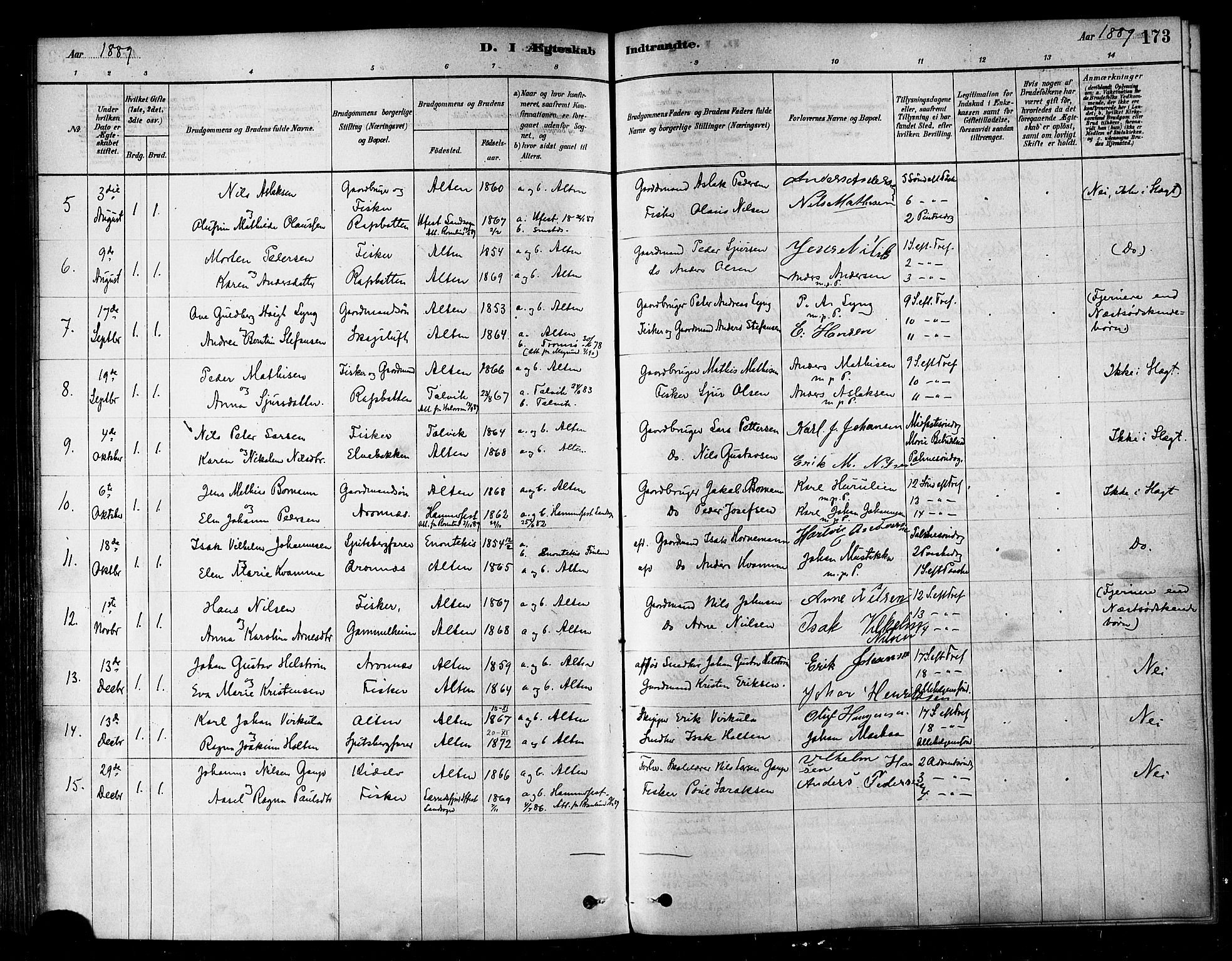 Alta sokneprestkontor, AV/SATØ-S-1338/H/Ha/L0002.kirke: Parish register (official) no. 2, 1879-1892, p. 173