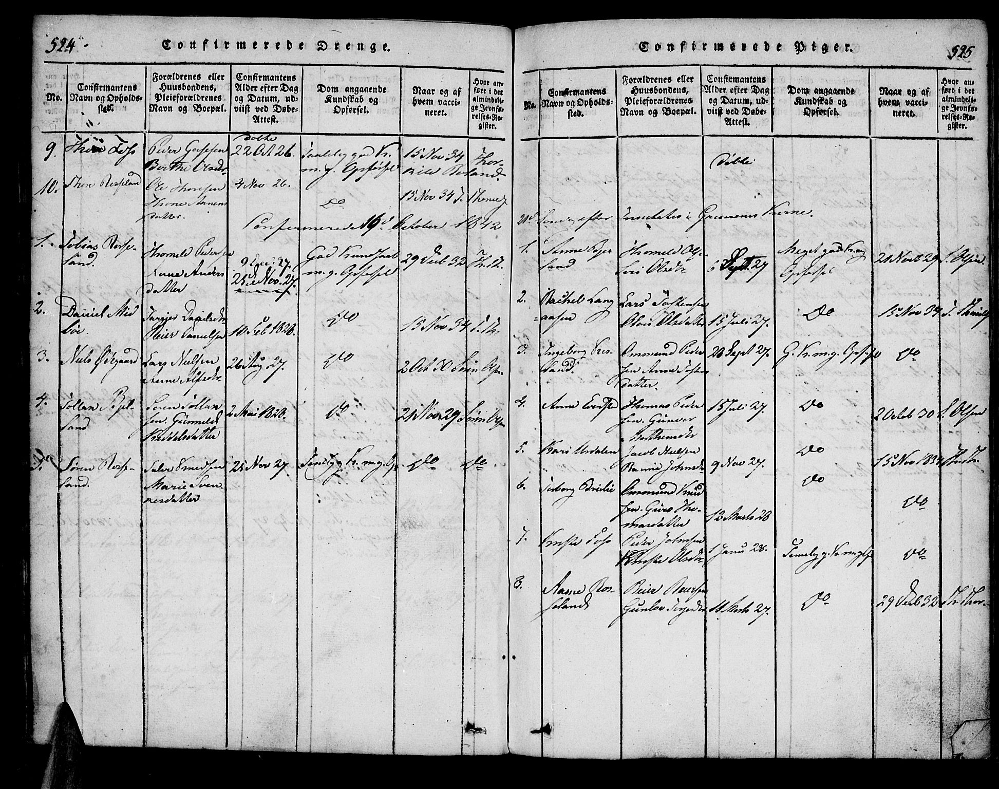 Bjelland sokneprestkontor, AV/SAK-1111-0005/F/Fa/Faa/L0002: Parish register (official) no. A 2, 1816-1866, p. 524-525