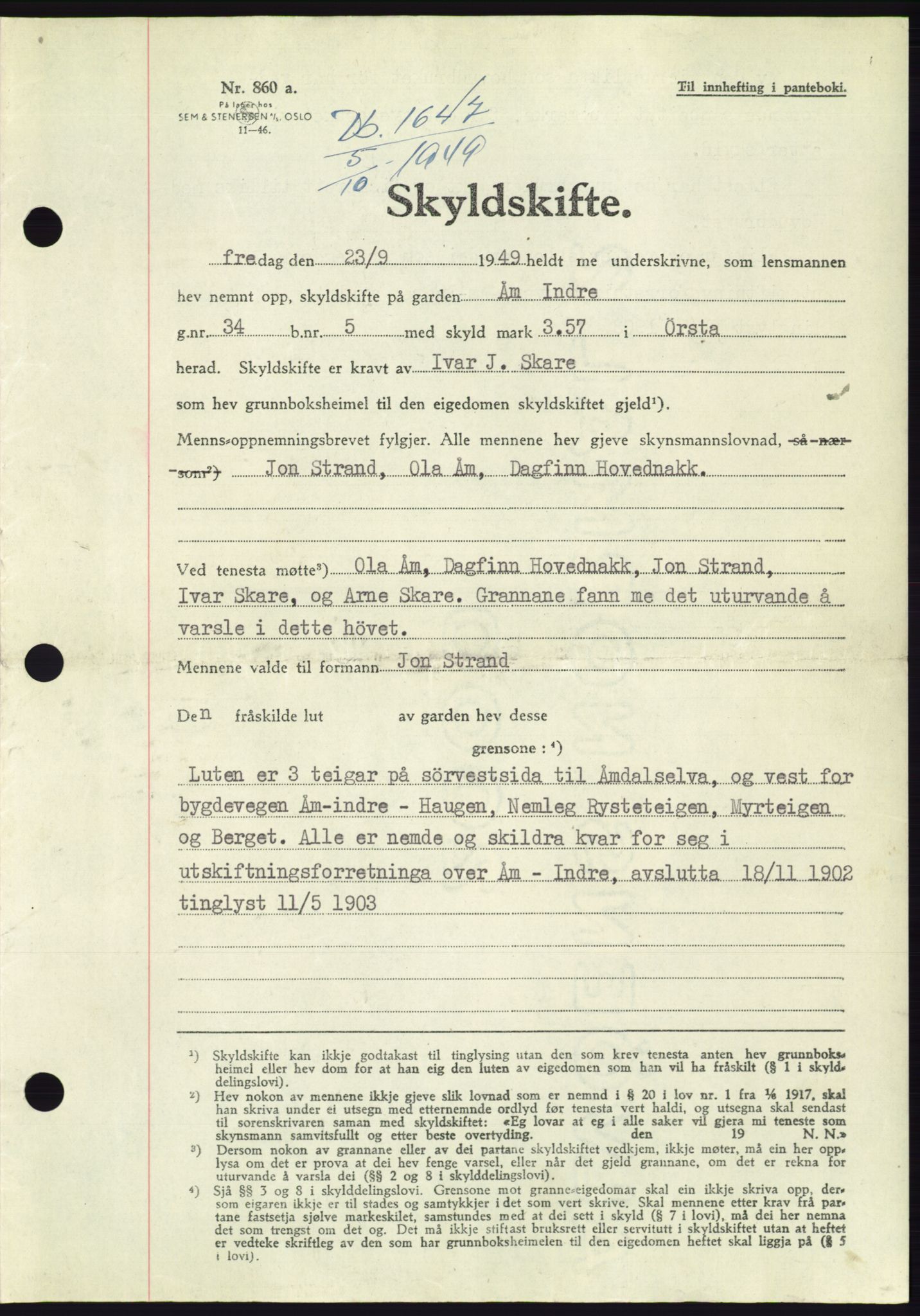 Søre Sunnmøre sorenskriveri, AV/SAT-A-4122/1/2/2C/L0085: Mortgage book no. 11A, 1949-1949, Diary no: : 1647/1949