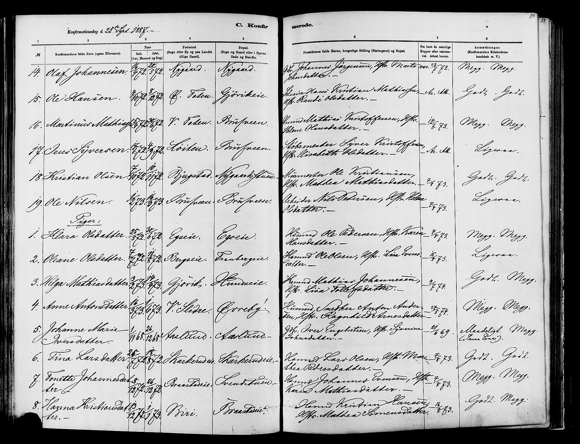Vardal prestekontor, SAH/PREST-100/H/Ha/Haa/L0009: Parish register (official) no. 9, 1878-1892, p. 114