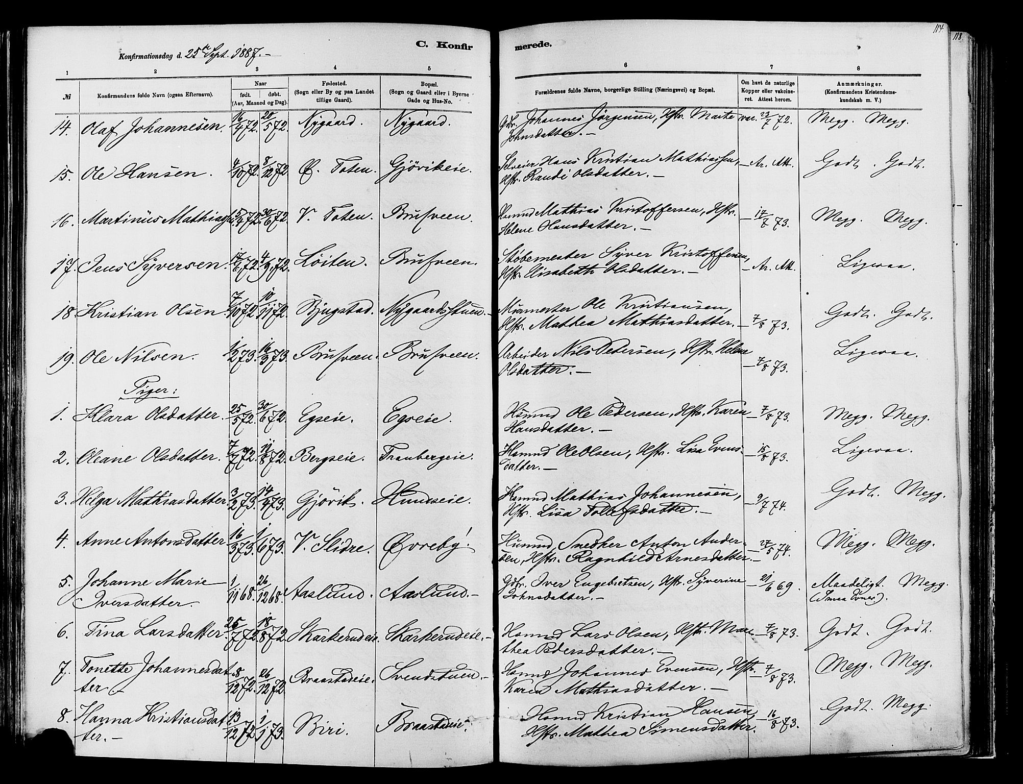 Vardal prestekontor, AV/SAH-PREST-100/H/Ha/Haa/L0009: Parish register (official) no. 9, 1878-1892, p. 114