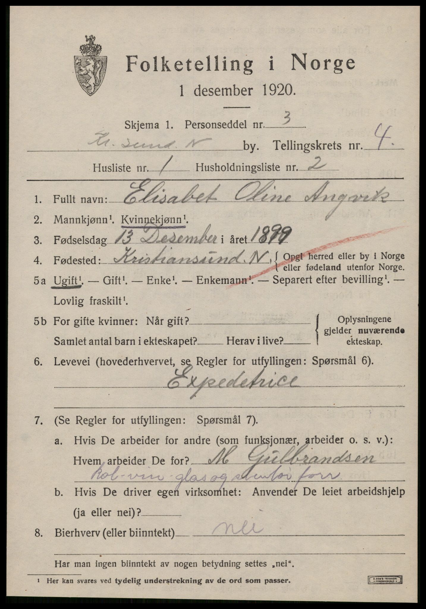 SAT, 1920 census for Kristiansund, 1920, p. 14905