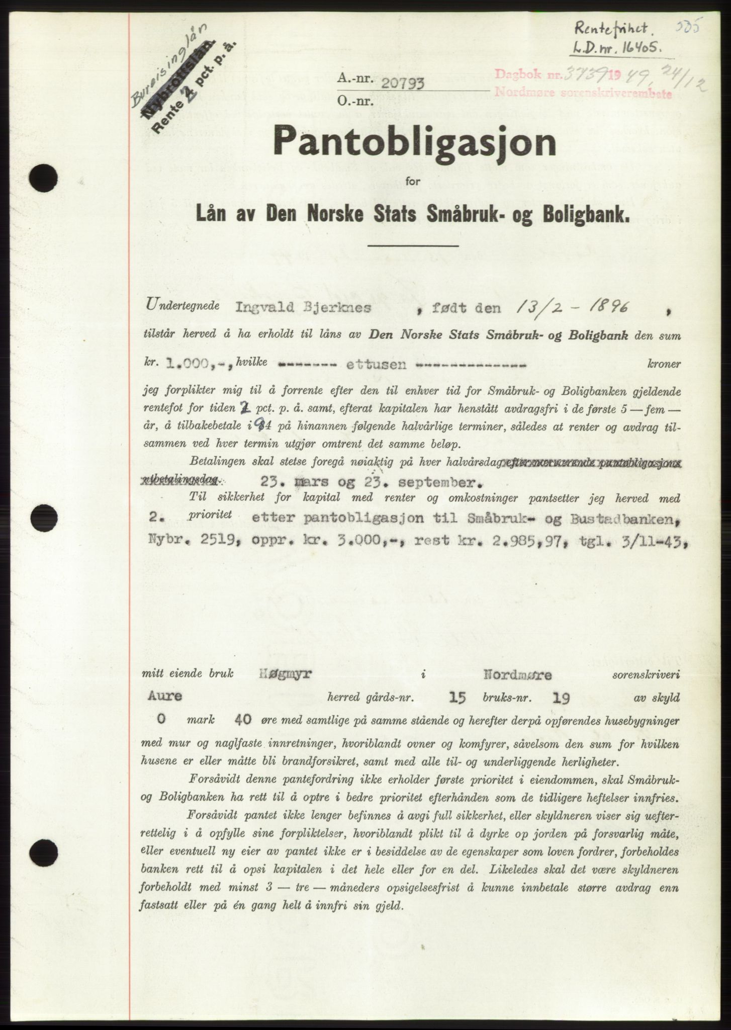 Nordmøre sorenskriveri, AV/SAT-A-4132/1/2/2Ca: Mortgage book no. B103, 1949-1950, Diary no: : 3739/1949