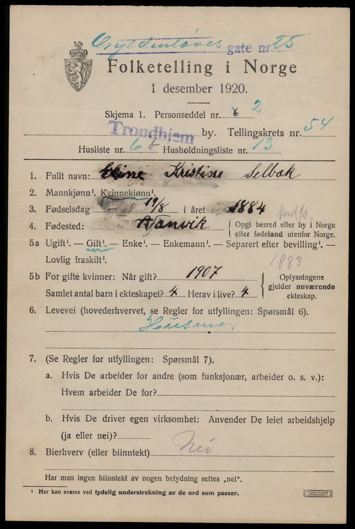 SAT, 1920 census for Trondheim, 1920, p. 107364