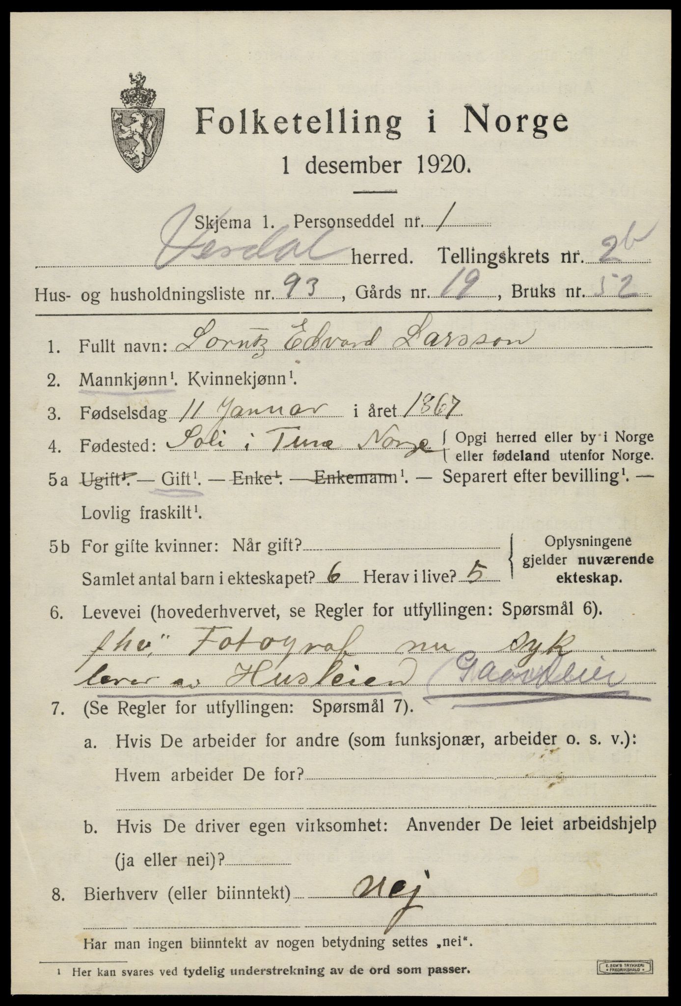 SAT, 1920 census for Verdal, 1920, p. 5215