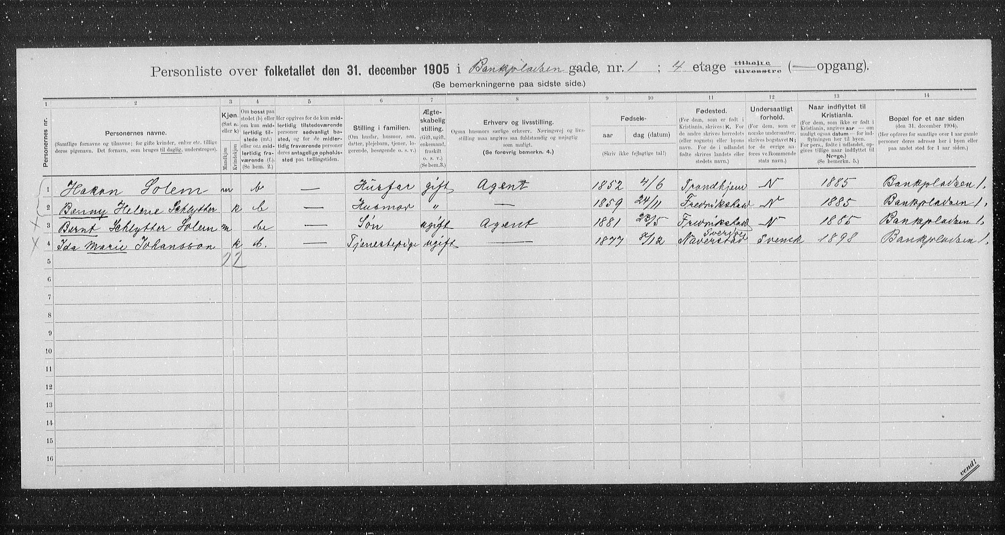 OBA, Municipal Census 1905 for Kristiania, 1905, p. 1704