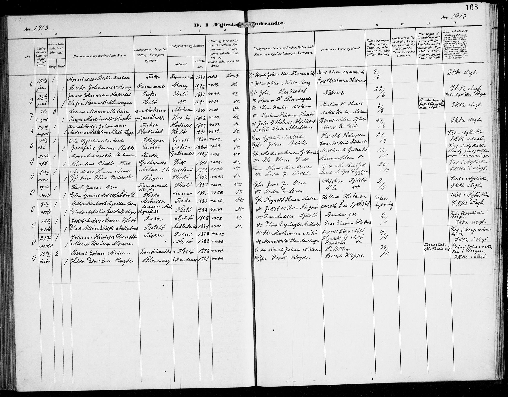 Herdla Sokneprestembete, SAB/A-75701/H/Hab: Parish register (copy) no. C 1, 1900-1913, p. 168